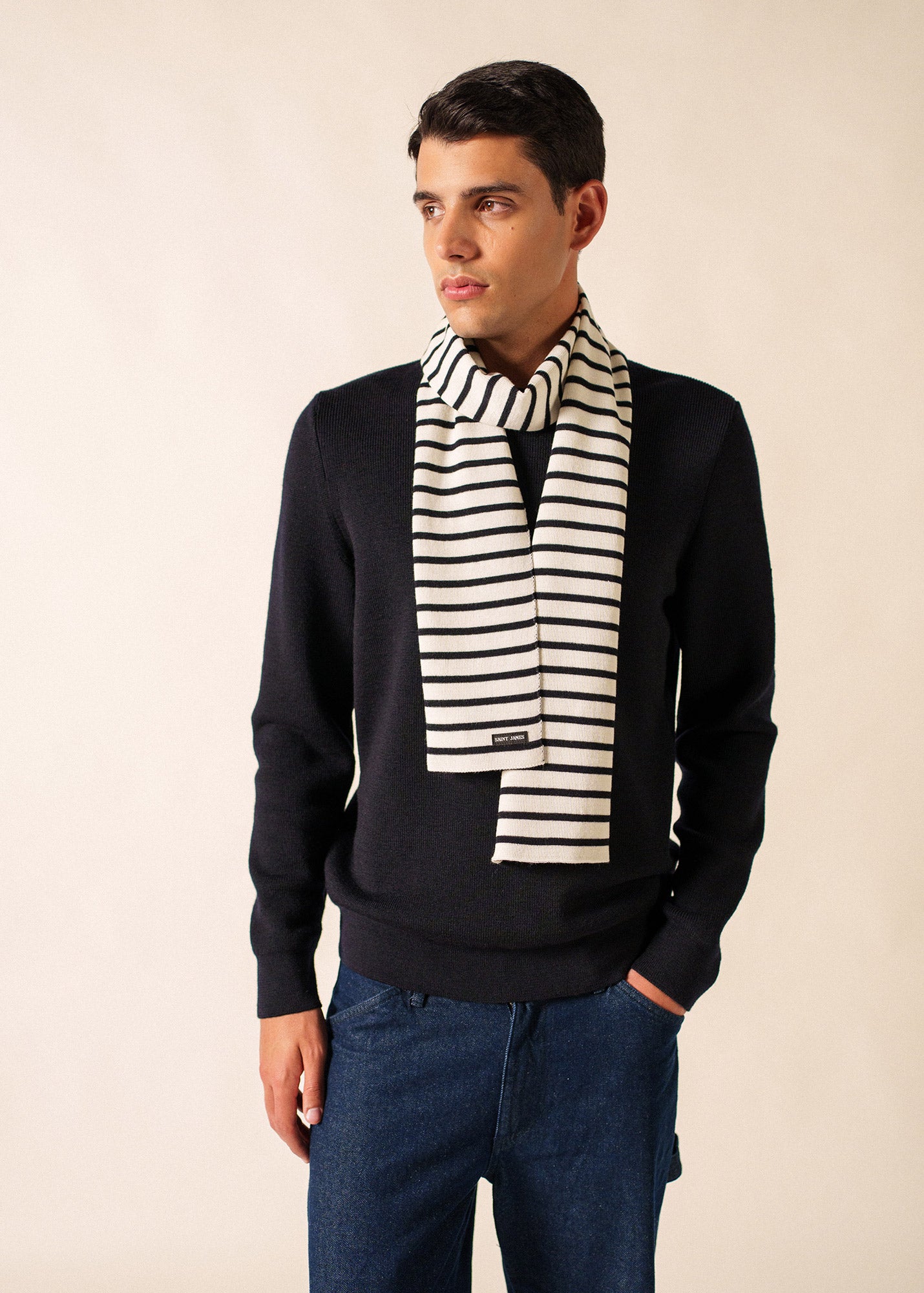 Striped Scarf - Duguay Wool Blend - Ivory & Navy • Saint James USA