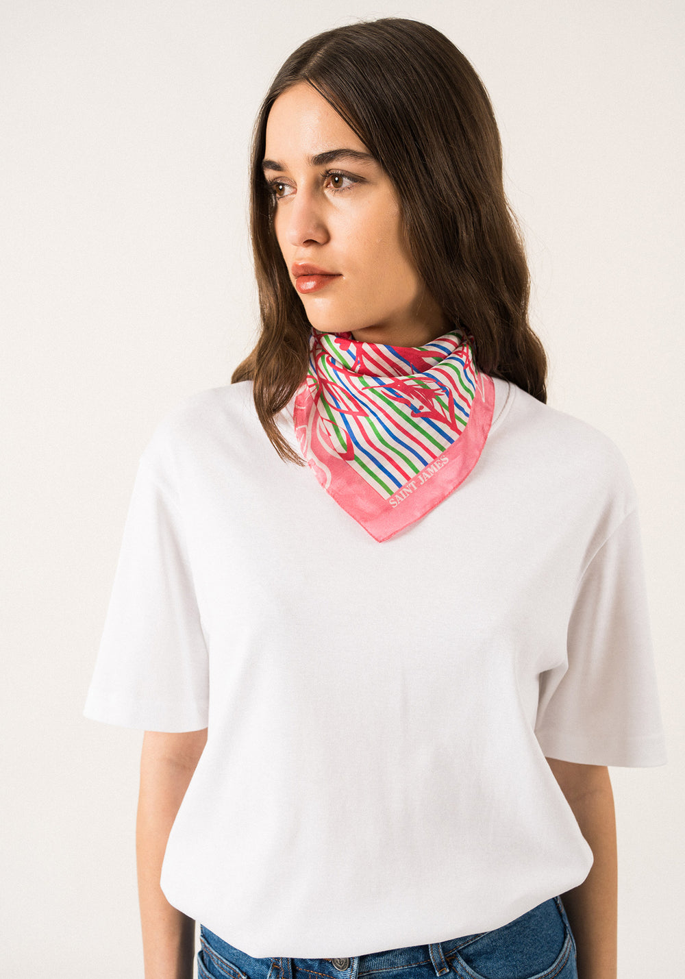 CARRE FLORAL - Square Scarf With Floral Motif (NEON PINK / MER BLUE / GREEN)