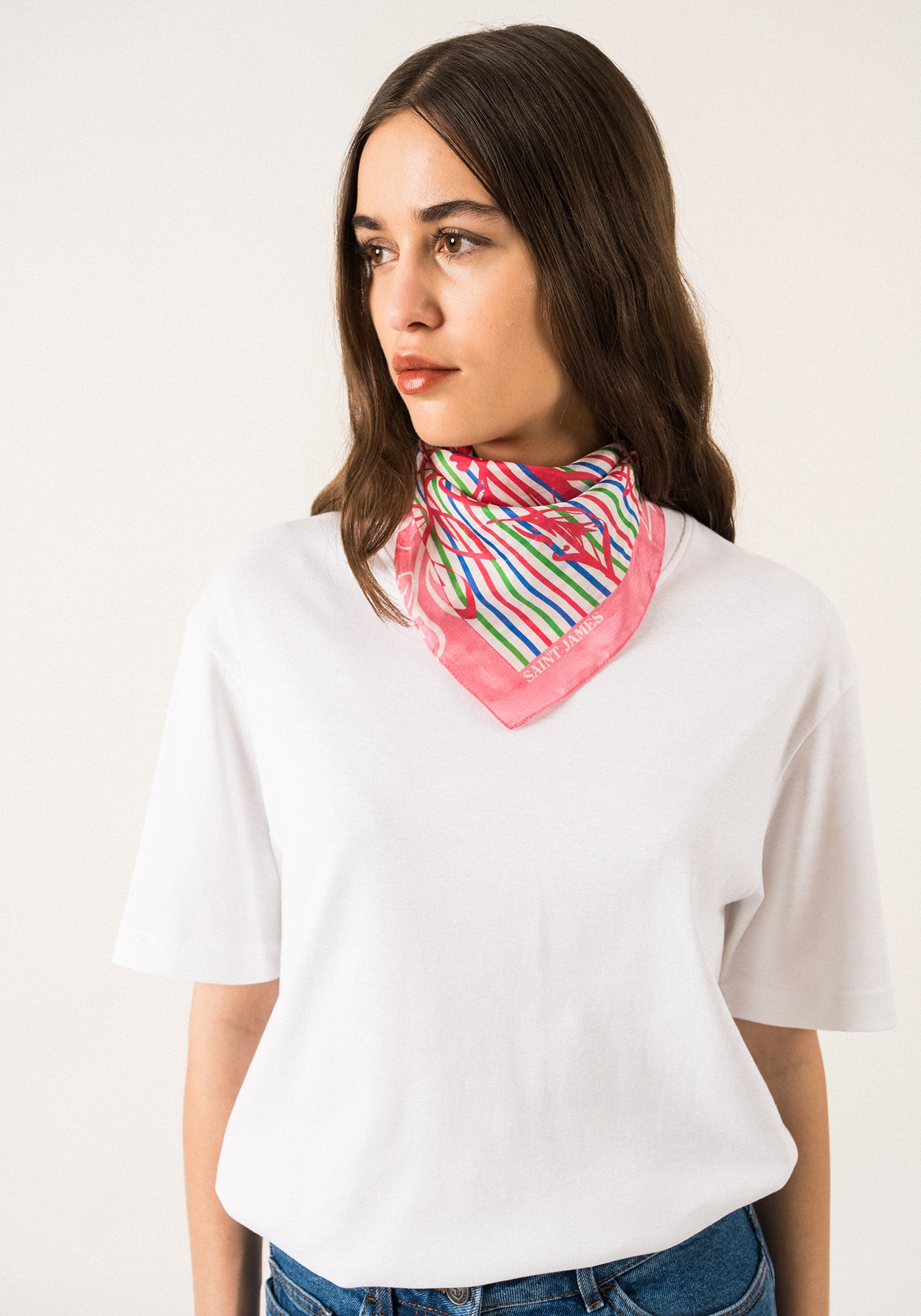 CARRE FLORAL - Square Scarf With Floral Motif (NEON PINK / MER BLUE / GREEN)