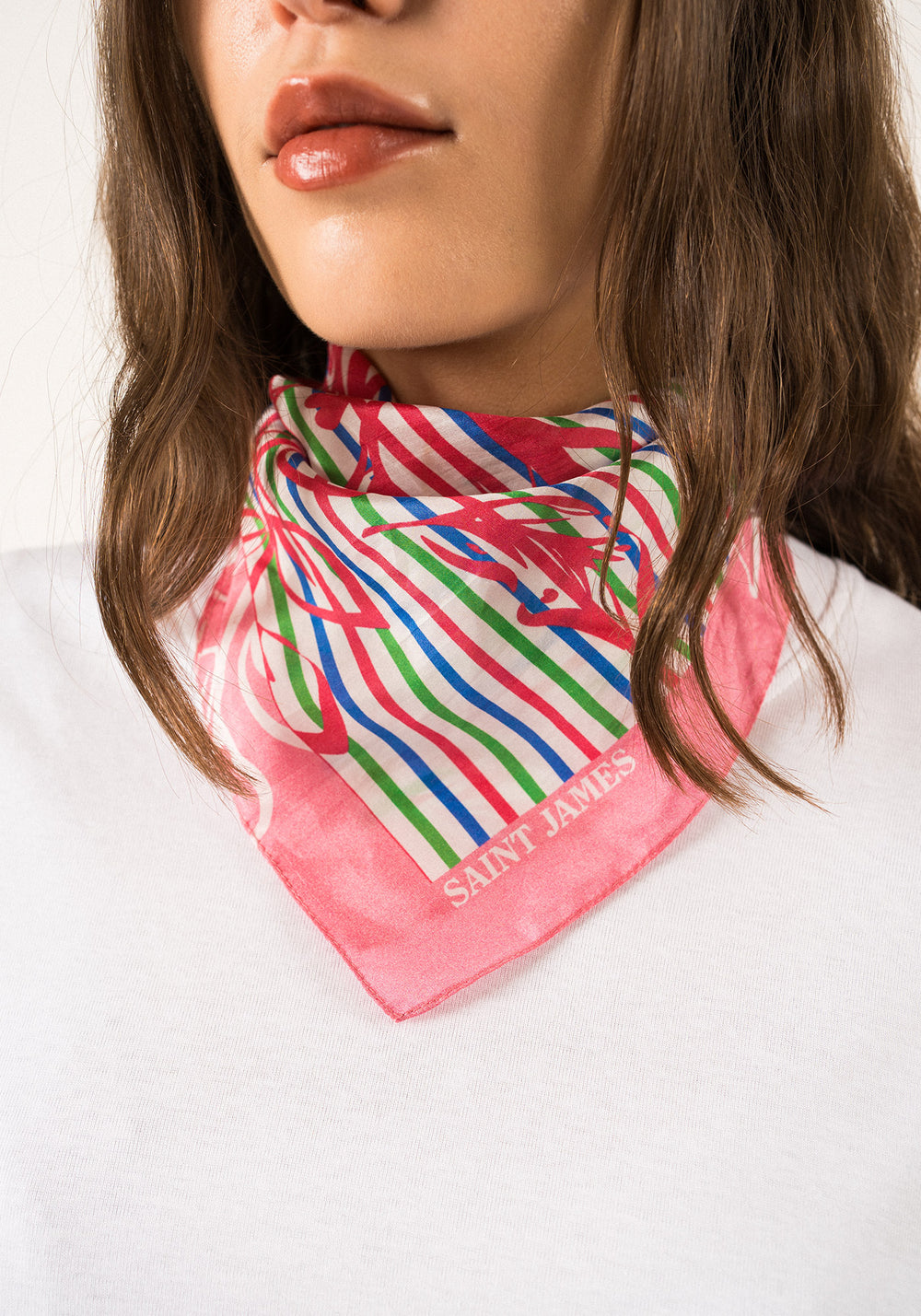 CARRE FLORAL - Square Scarf With Floral Motif (NEON PINK / MER BLUE / GREEN)