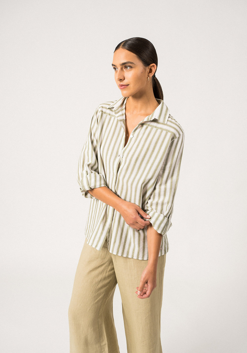 CAMILLE - Striped Button-Down Blouse | Cotton and Linen Blend (WHITE / SOFT ALMOND)
