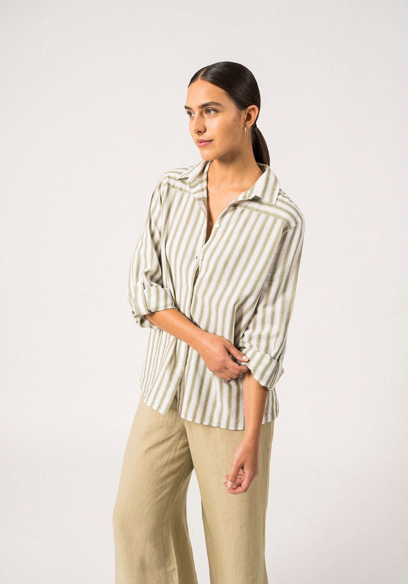 CAMILLE - Striped Button-Down Blouse | Cotton and Linen Blend (WHITE / SOFT ALMOND)