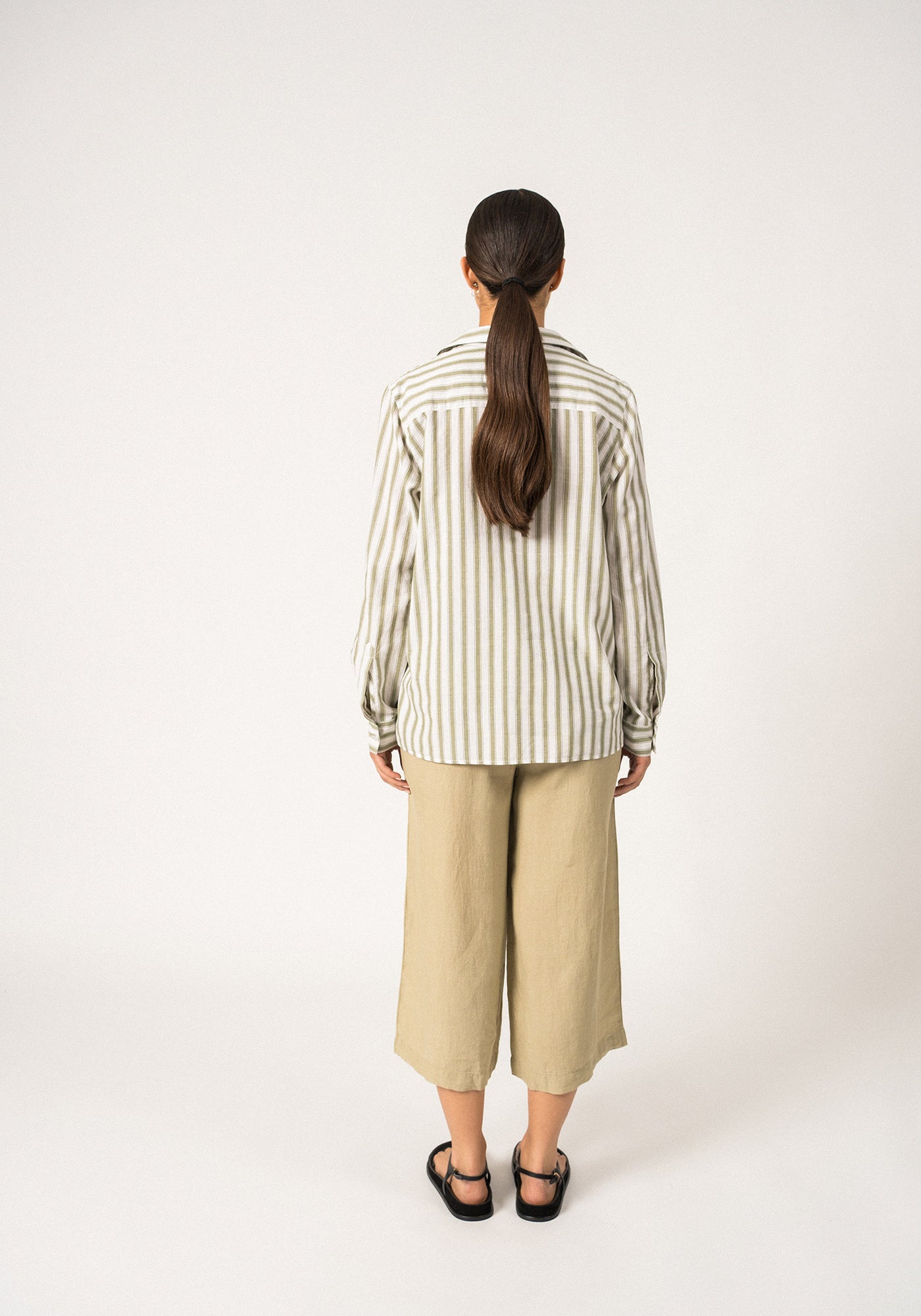 CAMILLE - Striped Button-Down Blouse | Cotton and Linen Blend (WHITE / SOFT ALMOND)
