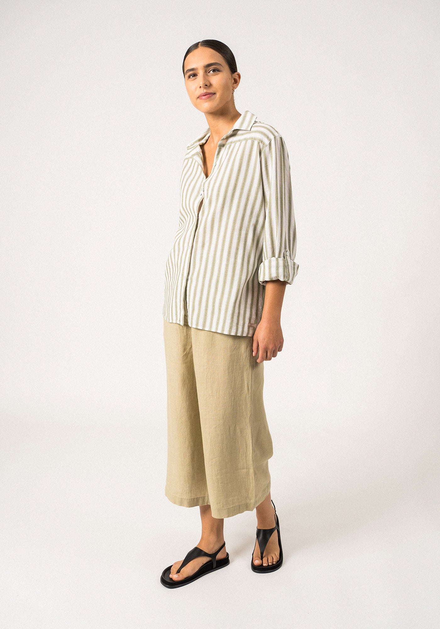 CAMILLE - Striped Button-Down Blouse | Cotton and Linen Blend (WHITE / SOFT ALMOND)