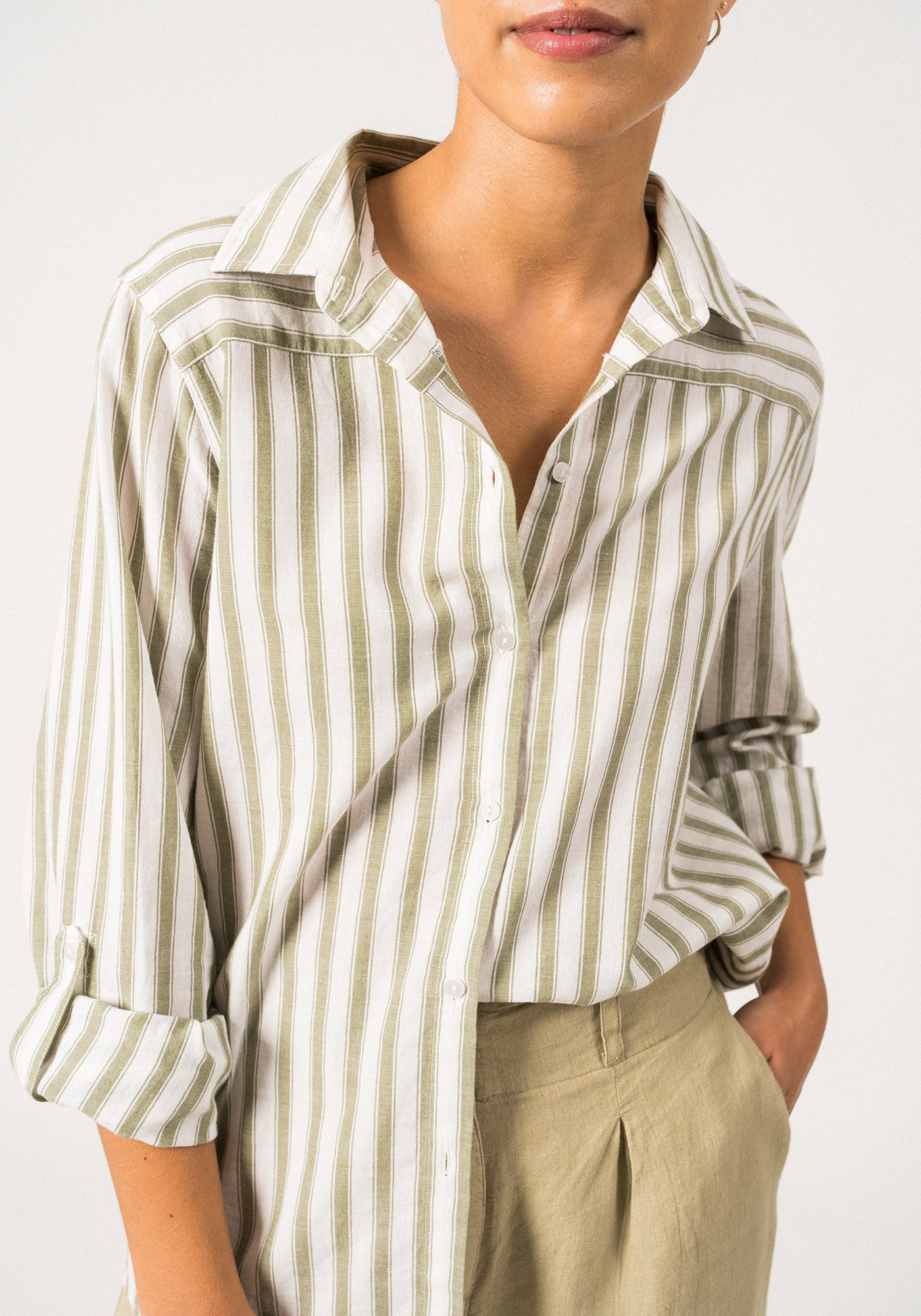 CAMILLE - Striped Button-Down Blouse | Cotton and Linen Blend (WHITE / SOFT ALMOND)