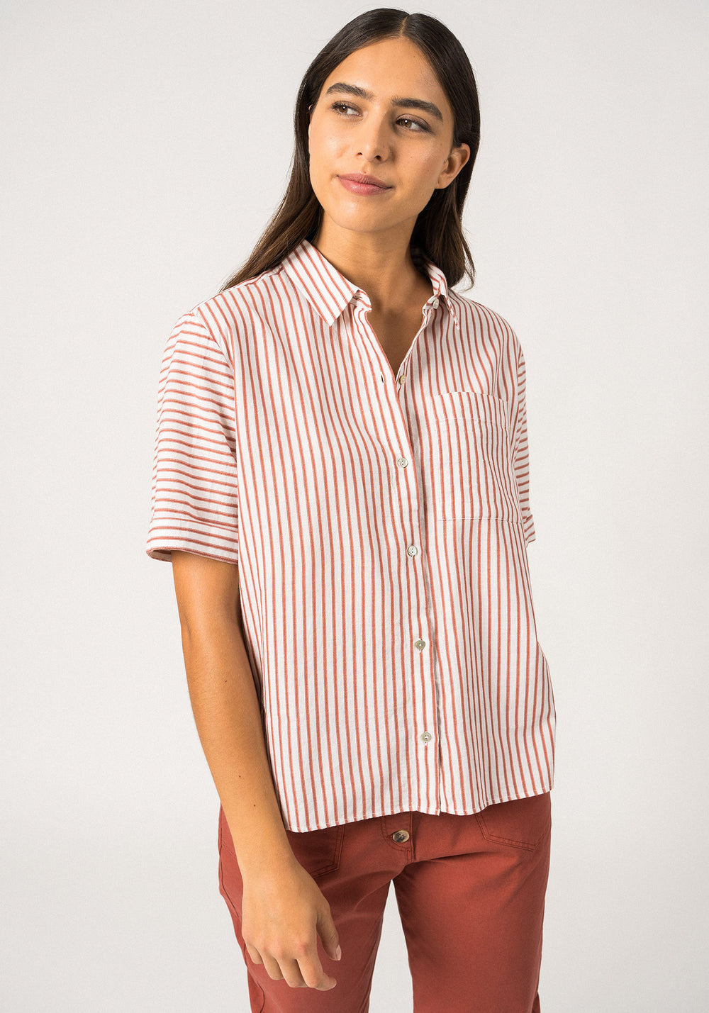 CARLA - Button-Down Blouse with Chest Pocket | Cotton and Linen (WHITE / TERRACOTTA)