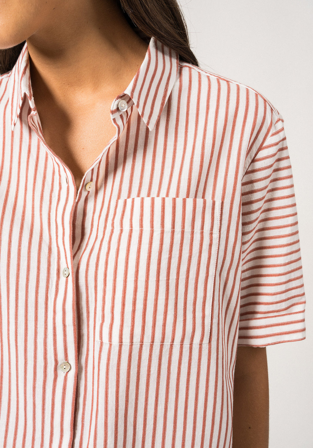 CARLA - Button-Down Blouse with Chest Pocket | Cotton and Linen (WHITE / TERRACOTTA)