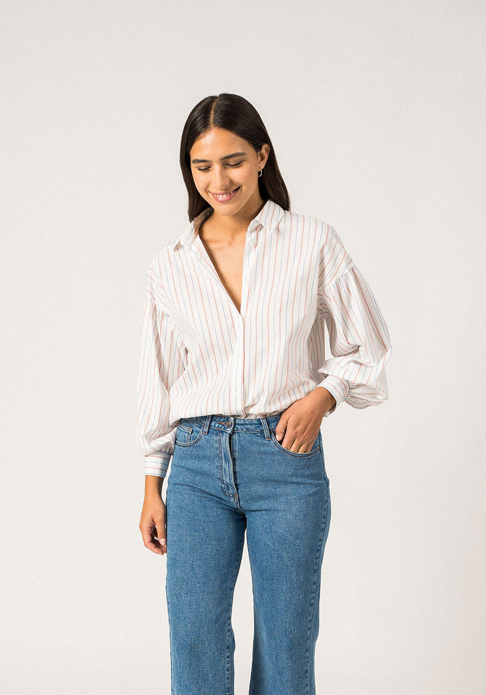 Adele Long-Sleeve Shirt (WHITE / MER BLUE / ORANGE)