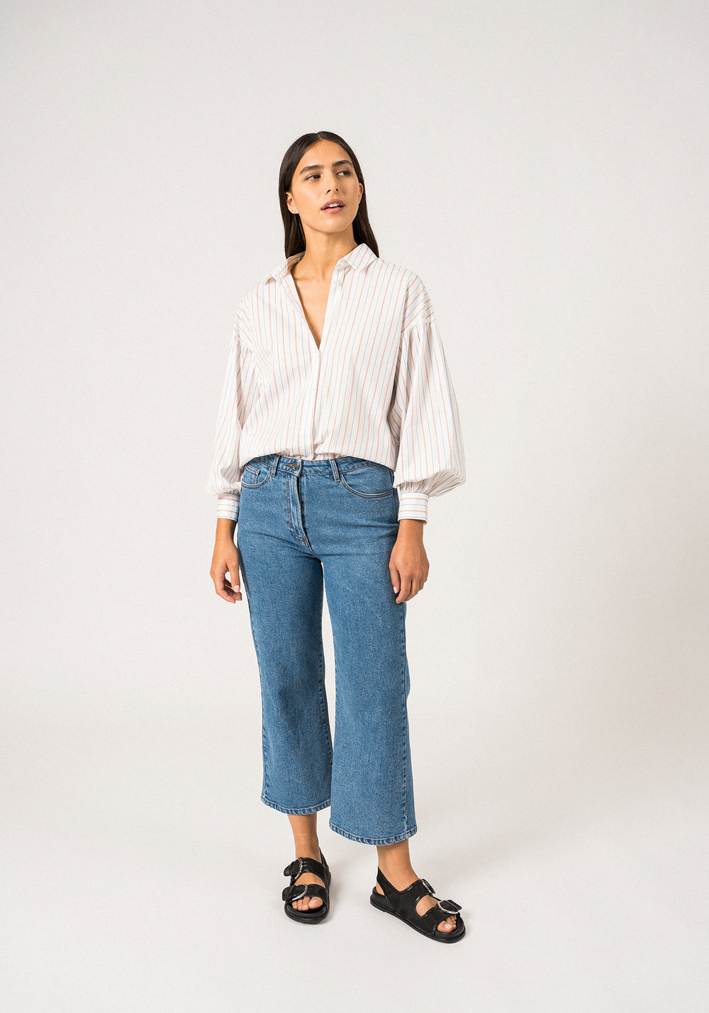 Adele Long-Sleeve Shirt (WHITE / MER BLUE / ORANGE)