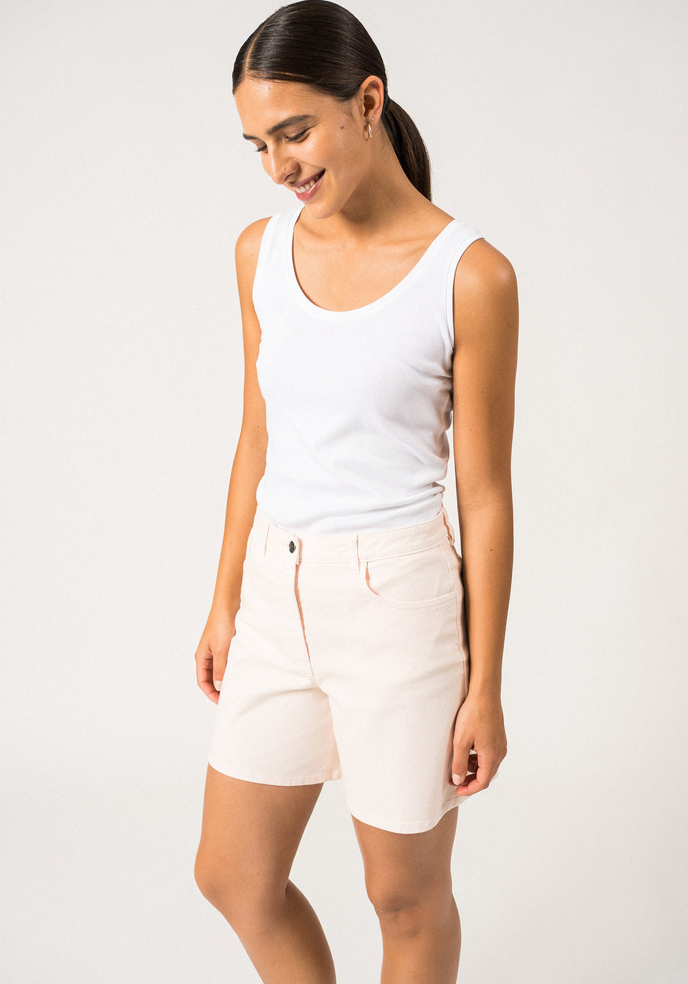 PEARL - Twill Cotton Shorts with High Waist - Straight Cut | Straight Cut (PALE PINK)