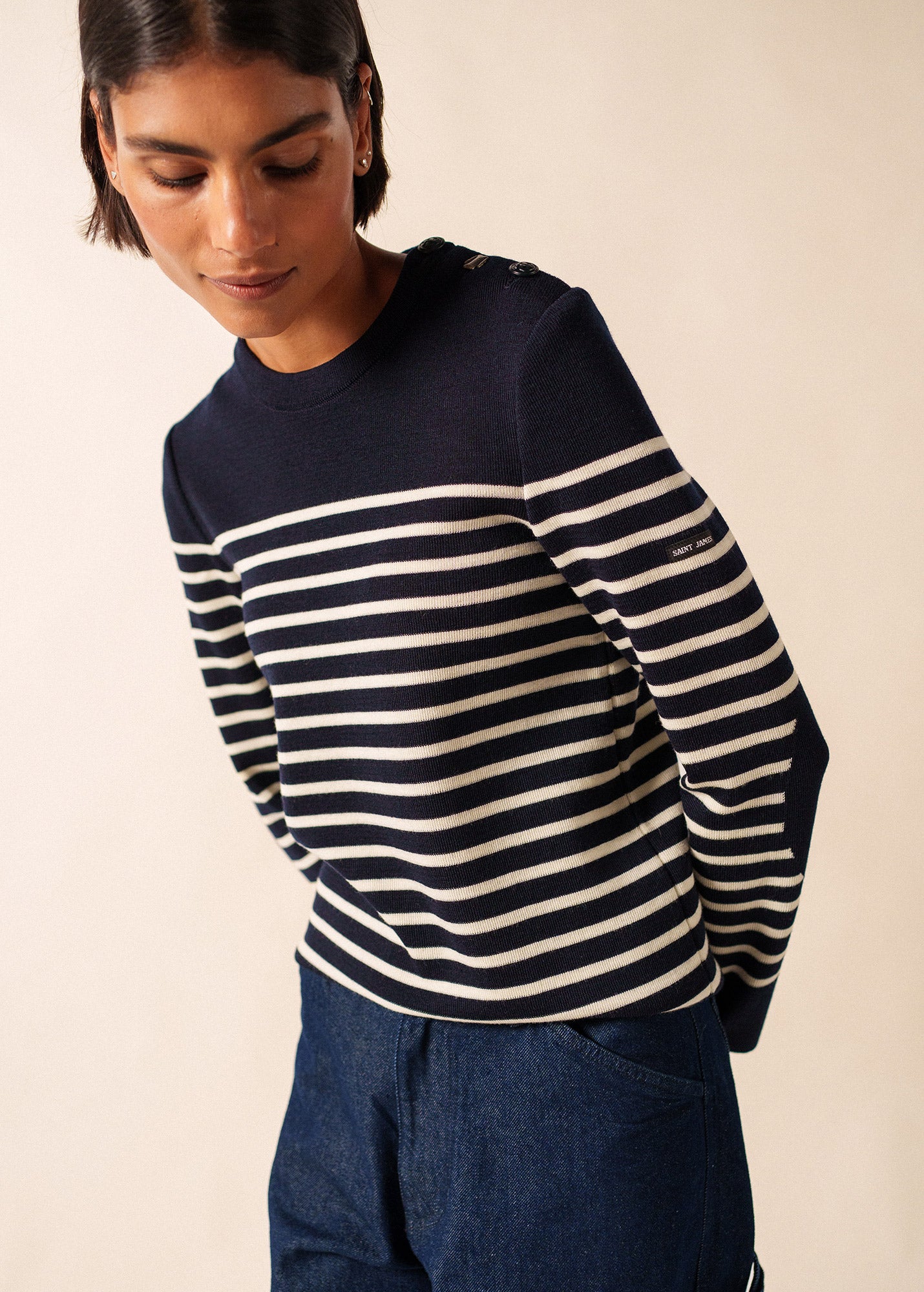 Breton Striped Sweater with Elbow Patches - Navy/Ivory - Saint