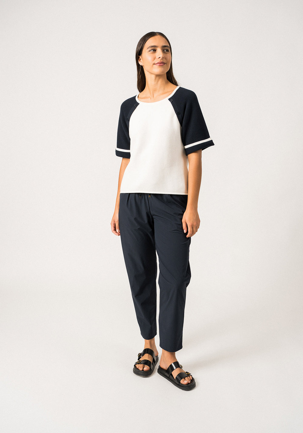 TRAVERSEE - Fancy Knit Cotton T-Shirt by Isabelle Ballu | 100% Cotton (IVORY / NAVY)
