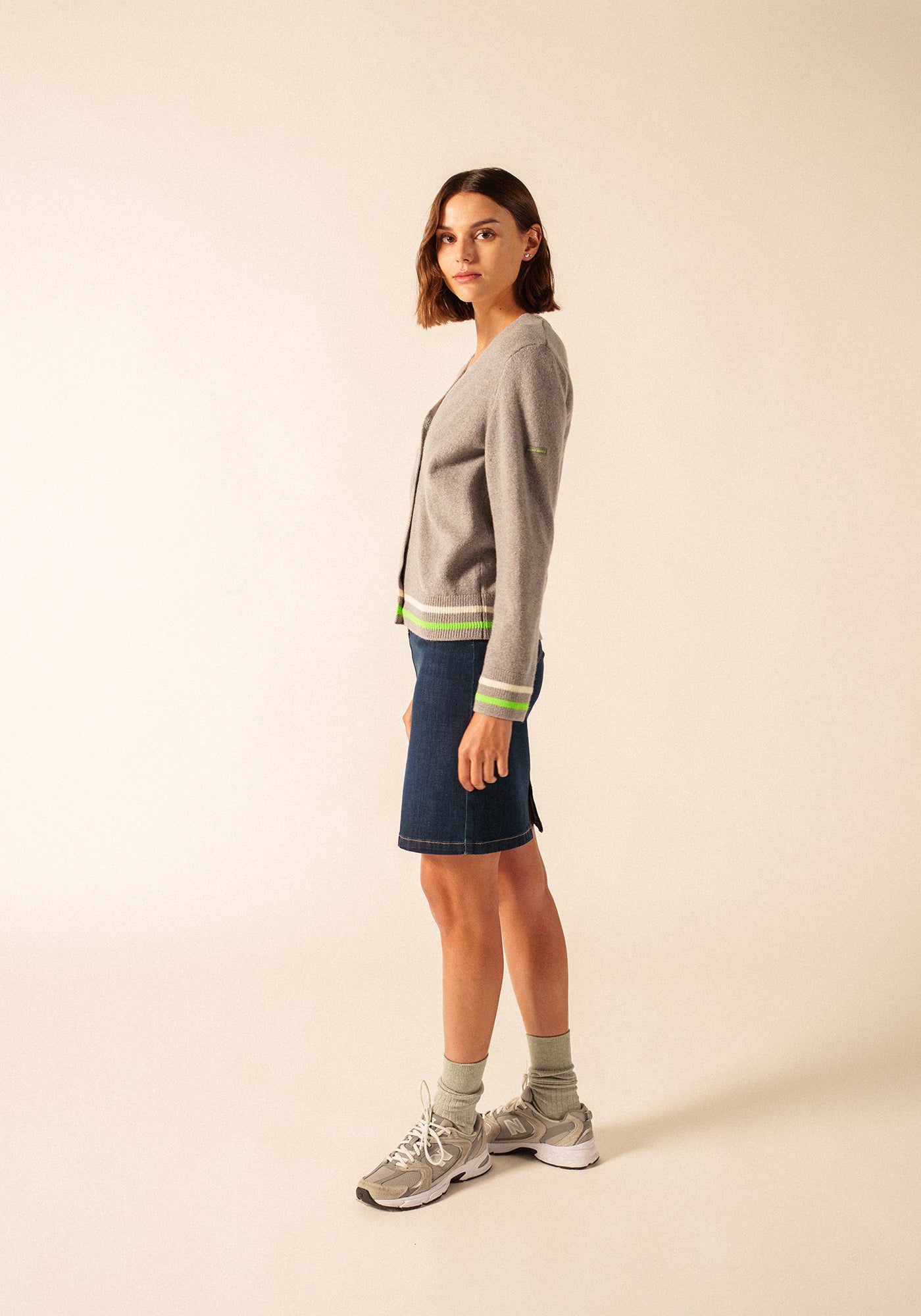 Annecy Wool Cardigan (GRAY / NEON GREEN / IVORY)