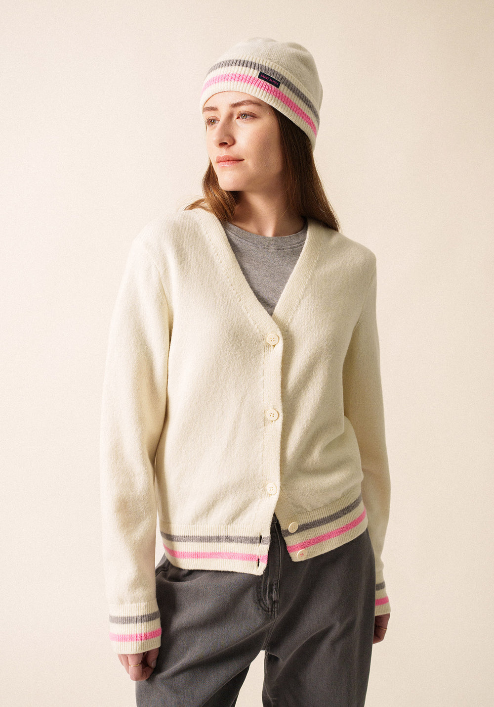 Annecy Wool Cardigan (IVORY / BRIGHT PINK / GRAY)