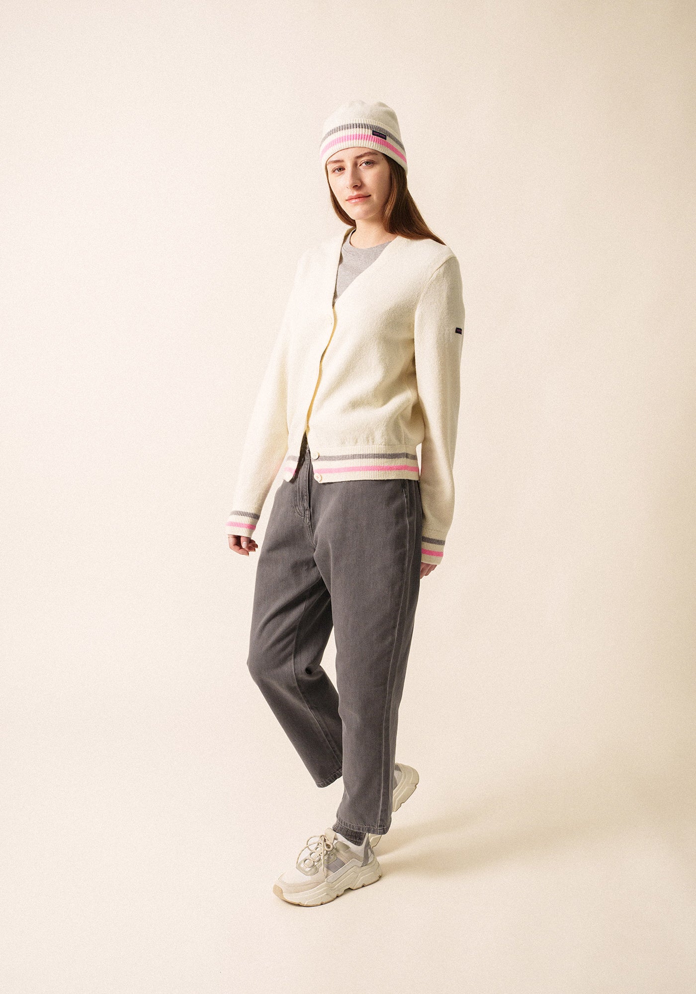 Annecy Wool Cardigan (IVORY / BRIGHT PINK / GRAY)