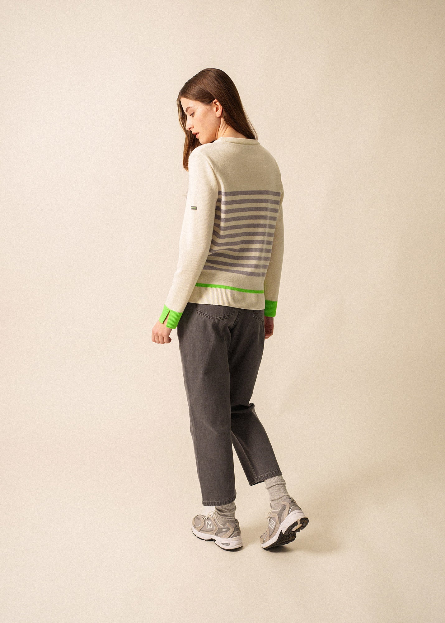 Striped Sweater with Side Slits (Ecru/Neon Green) | Saint James