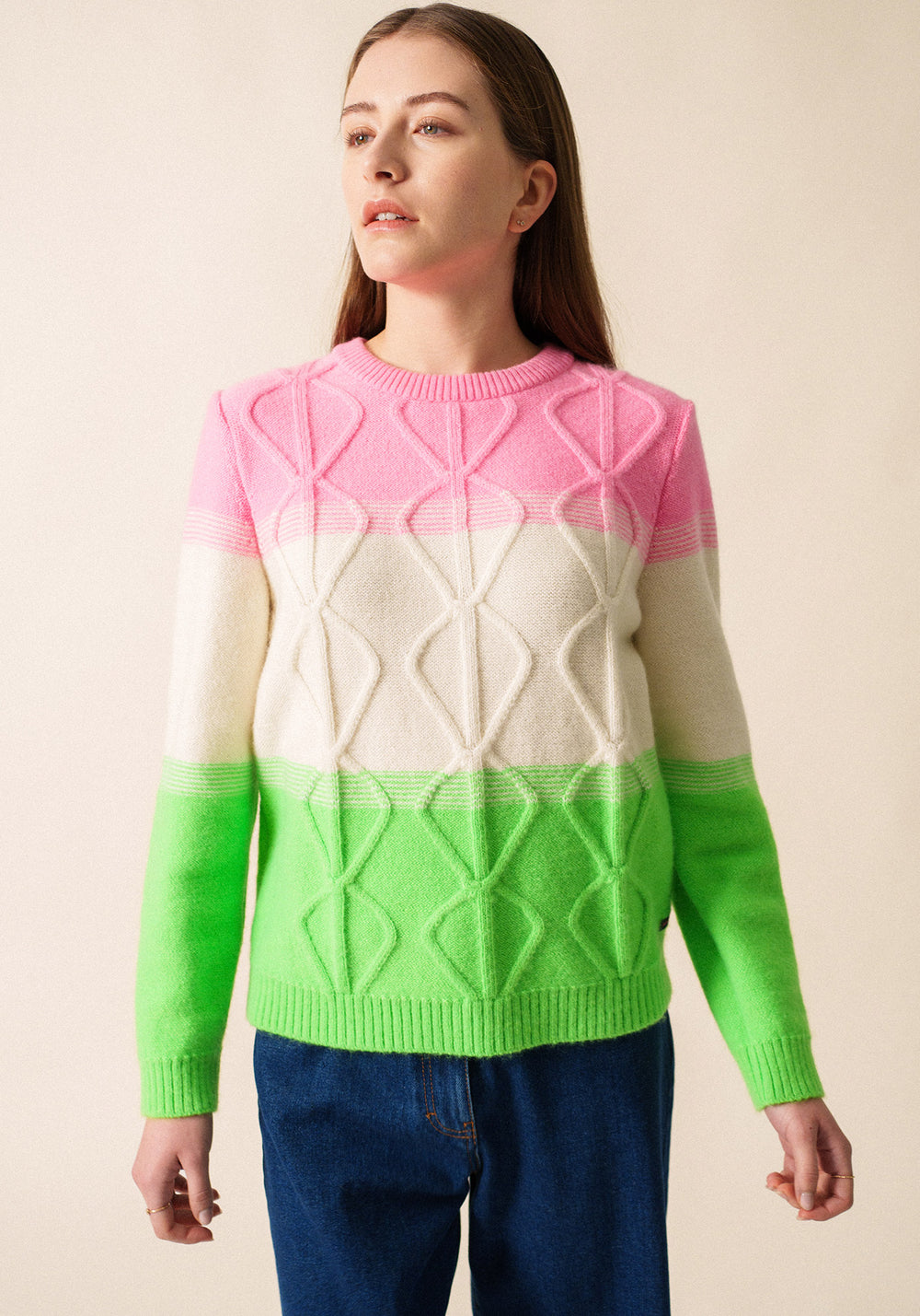 Morzine Colorblock Sweater (NEON GREEN / WINTER WHITE / BRIGHT PINK)