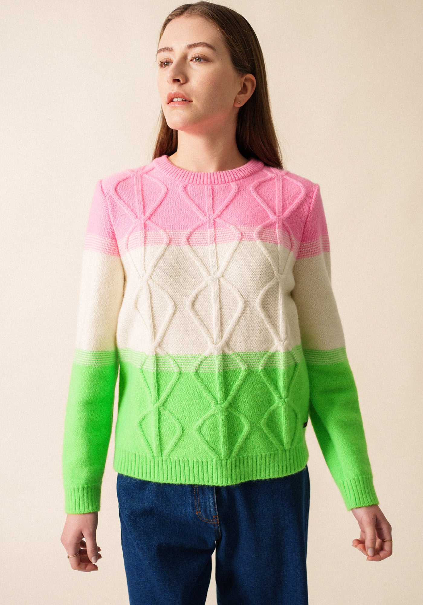 Morzine Colorblock Sweater (NEON GREEN / WINTER WHITE / BRIGHT PINK)