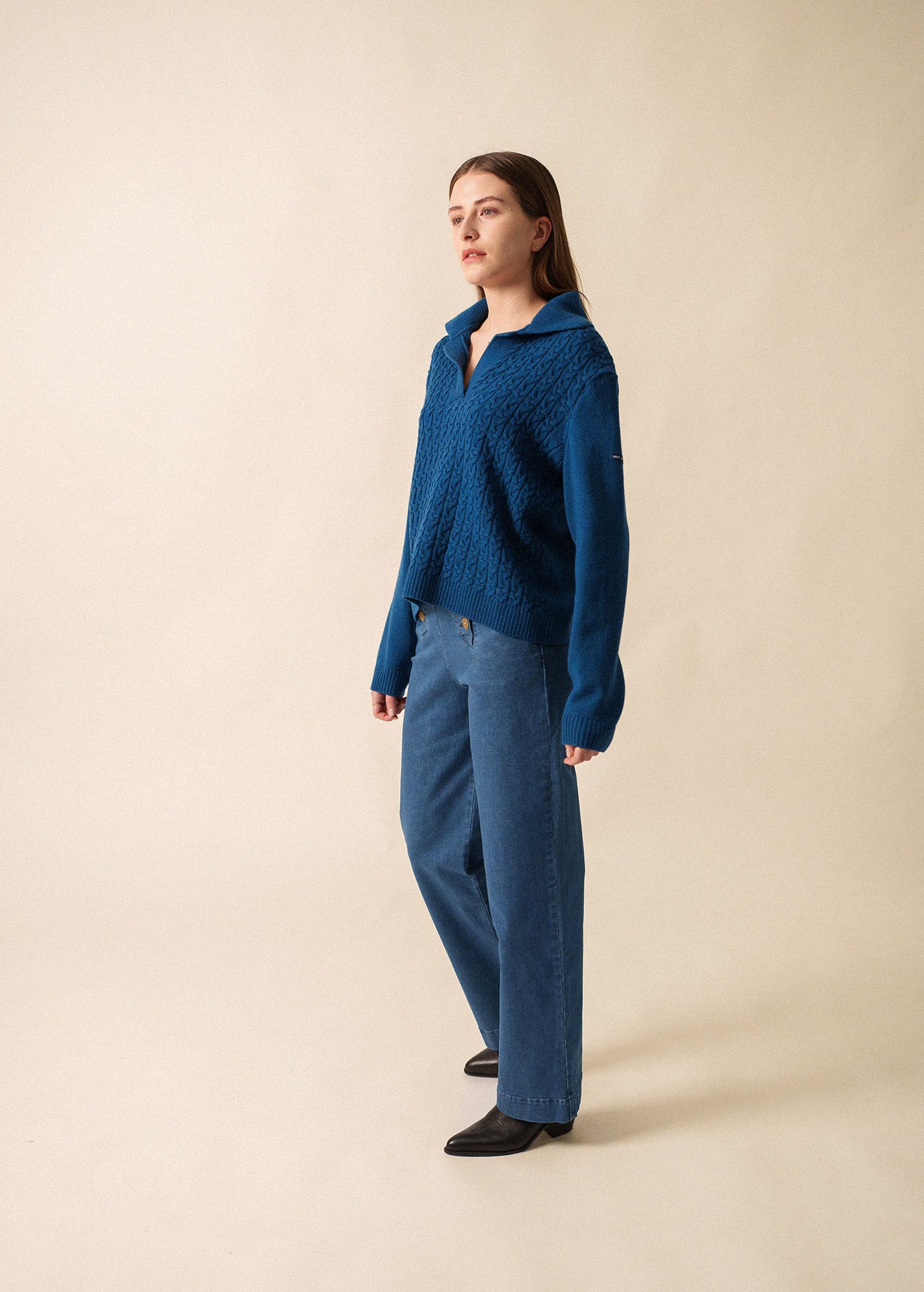 Women's V-Neck Wool Sweater | Cable Knit Detail | Teal | Saint