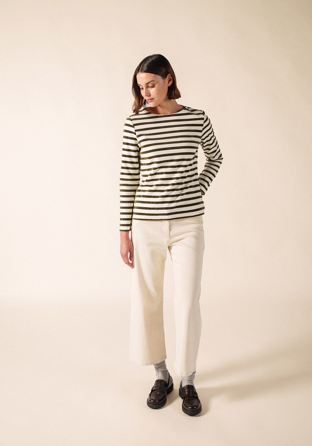 MERIVELOURS - Fancy Breton Top with Velvet Stripes (IVORY / MOSS GREEN)