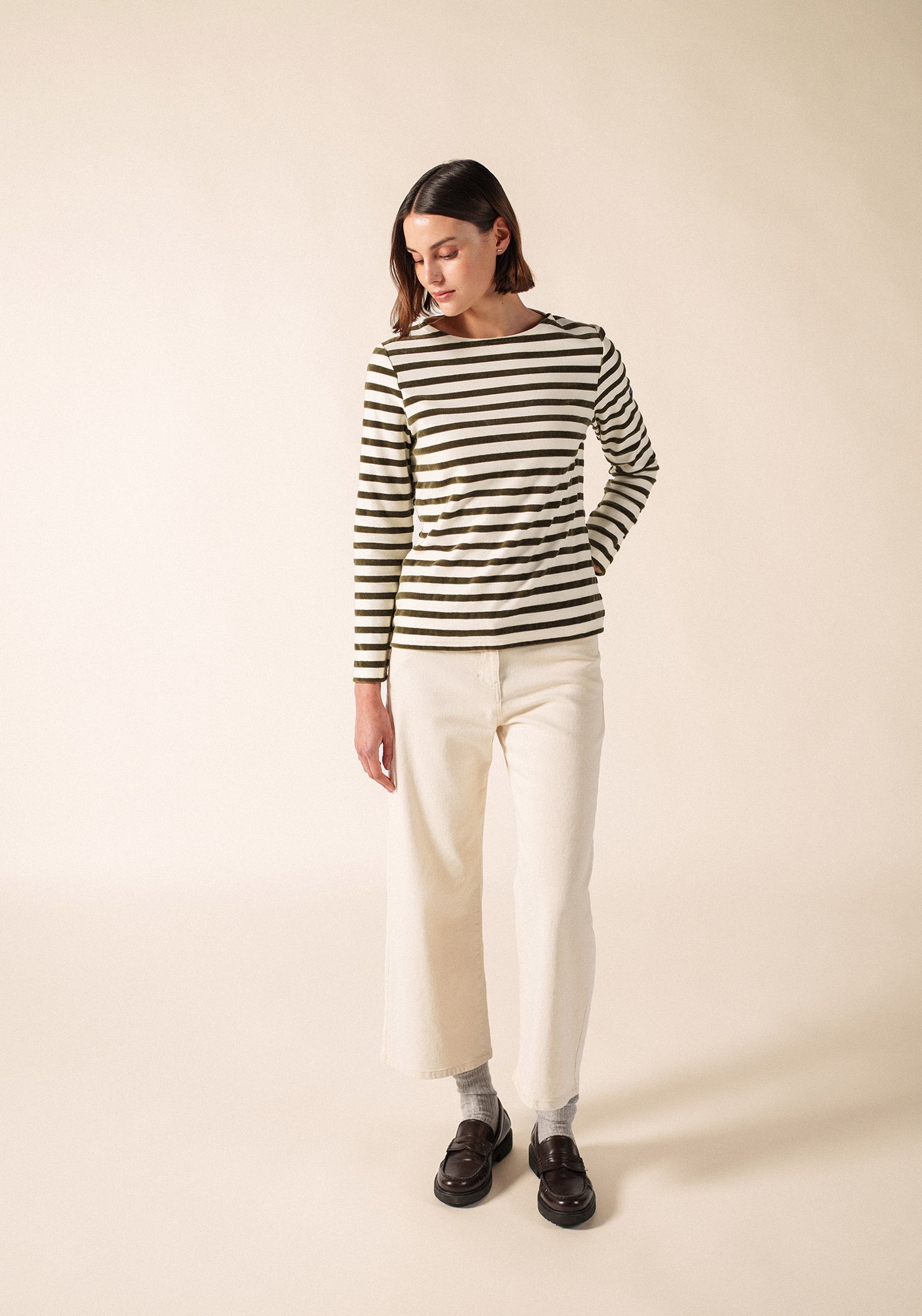 MERIVELOURS - Fancy Breton Top with Velvet Stripes (IVORY / MOSS GREEN)