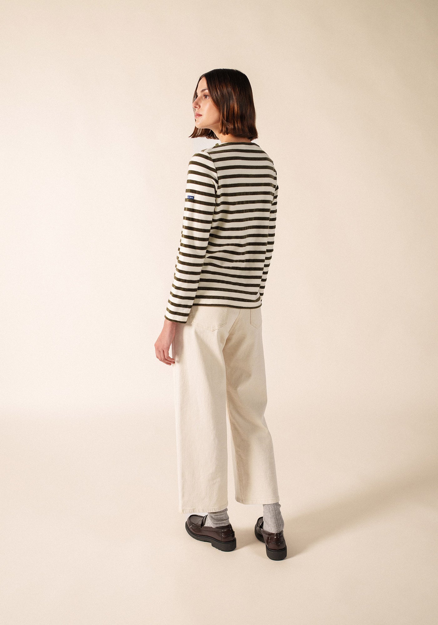 MERIVELOURS - Fancy Breton Top with Velvet Stripes (IVORY / MOSS GREEN)