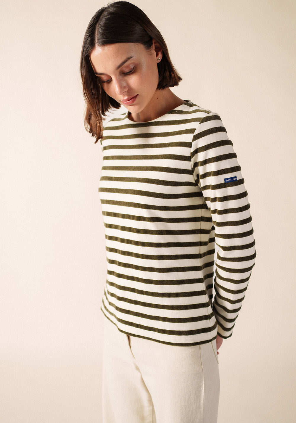 MERIVELOURS - Fancy Breton Top with Velvet Stripes (IVORY / MOSS GREEN)