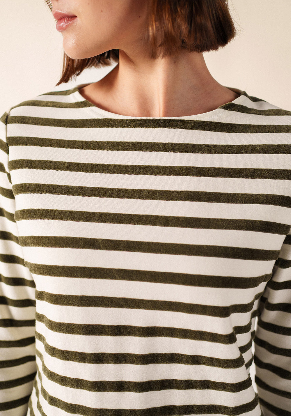 MERIVELOURS - Fancy Breton Top with Velvet Stripes (IVORY / MOSS GREEN)