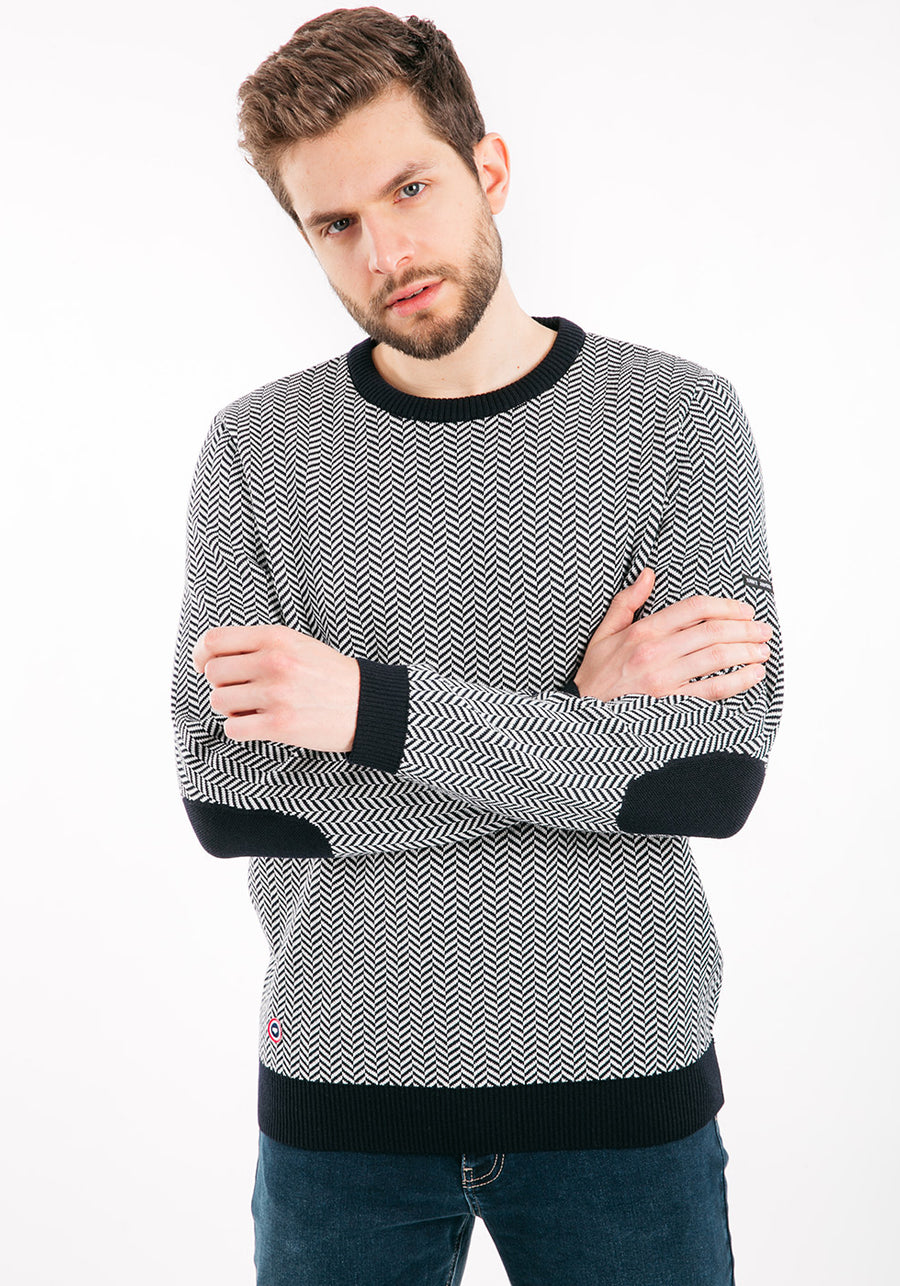JUBILE - Herringbone Jacquard Sweater with Elbow Patches  (NAVY / IVORY)