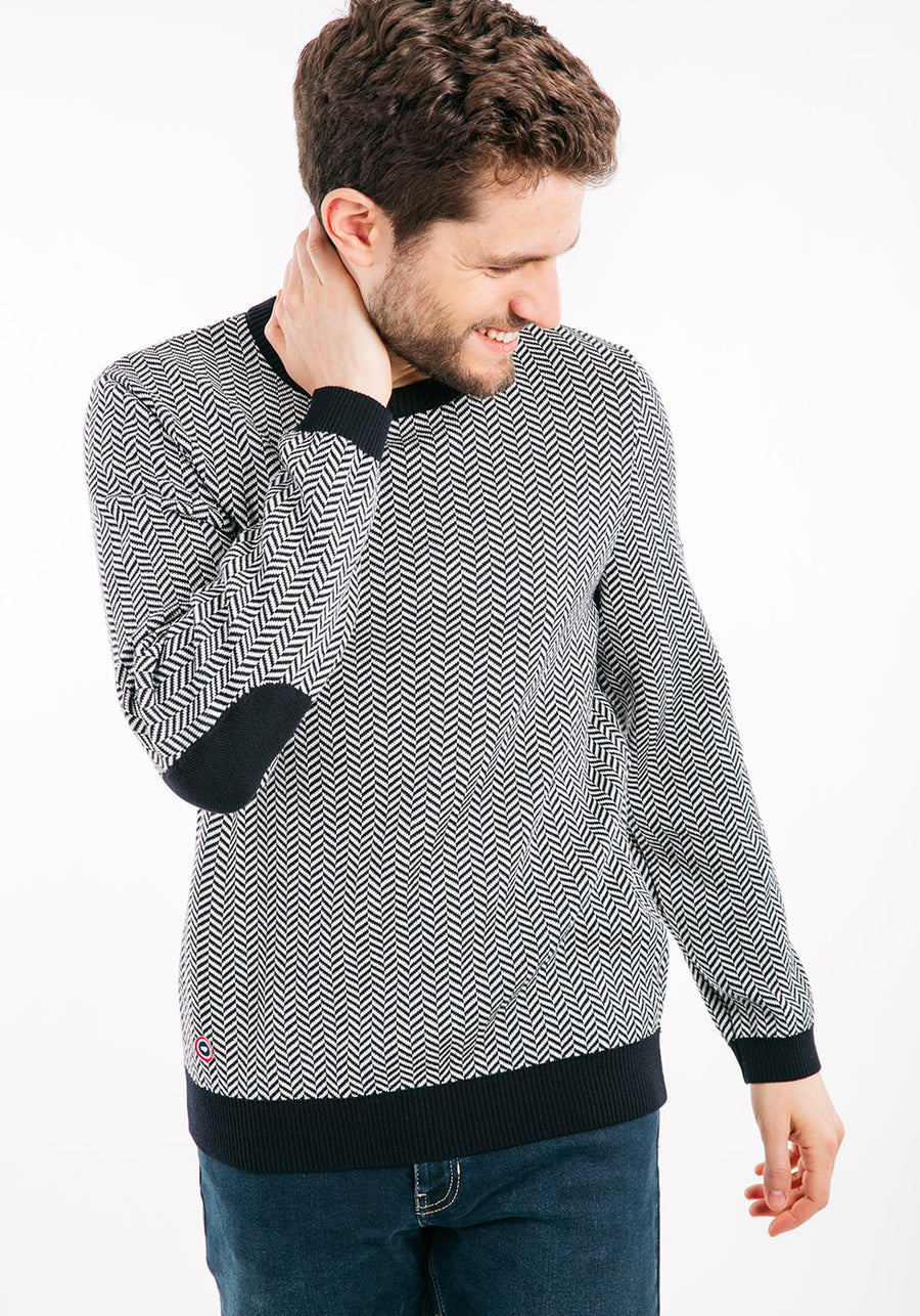JUBILE - Herringbone Jacquard Sweater with Elbow Patches  (NAVY / IVORY)