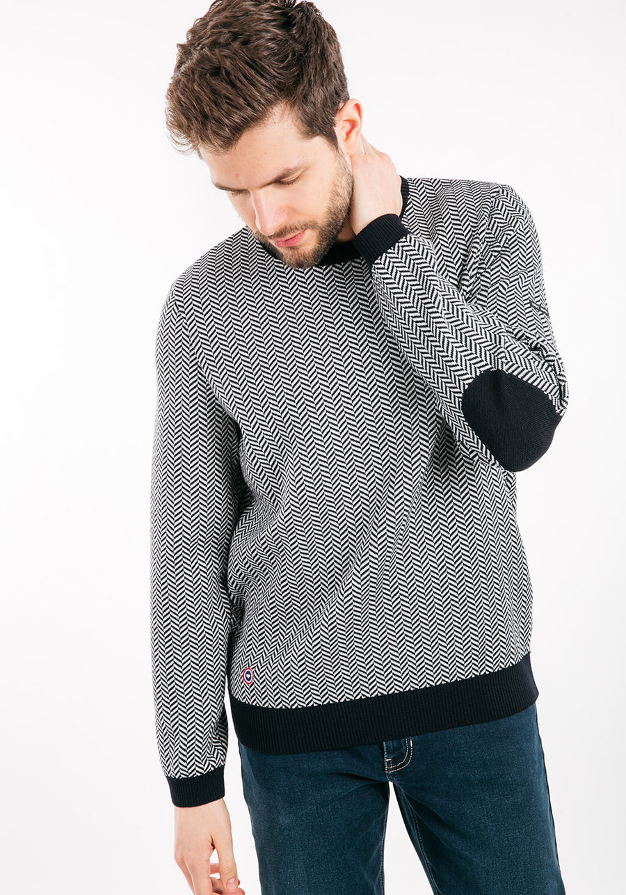 JUBILE - Herringbone Jacquard Sweater with Elbow Patches  (NAVY / IVORY)