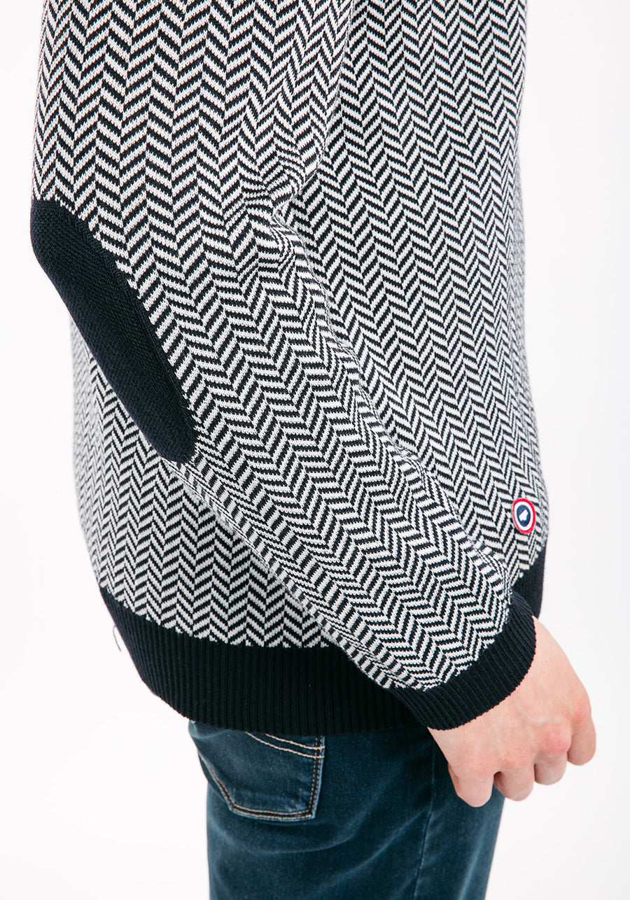 JUBILE - Herringbone Jacquard Sweater with Elbow Patches  (NAVY / IVORY)