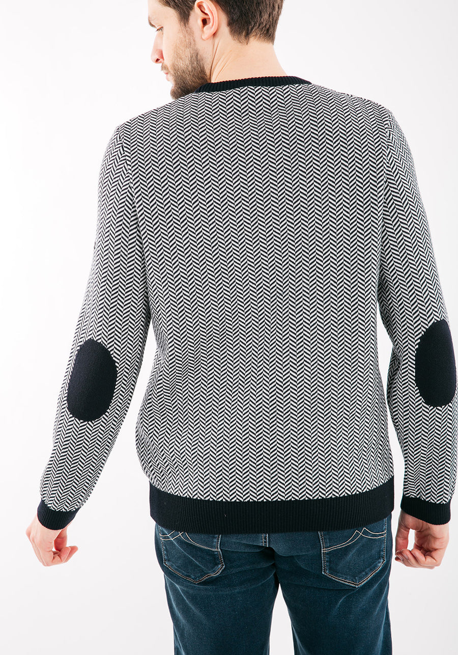 JUBILE - Herringbone Jacquard Sweater with Elbow Patches  (NAVY / IVORY)