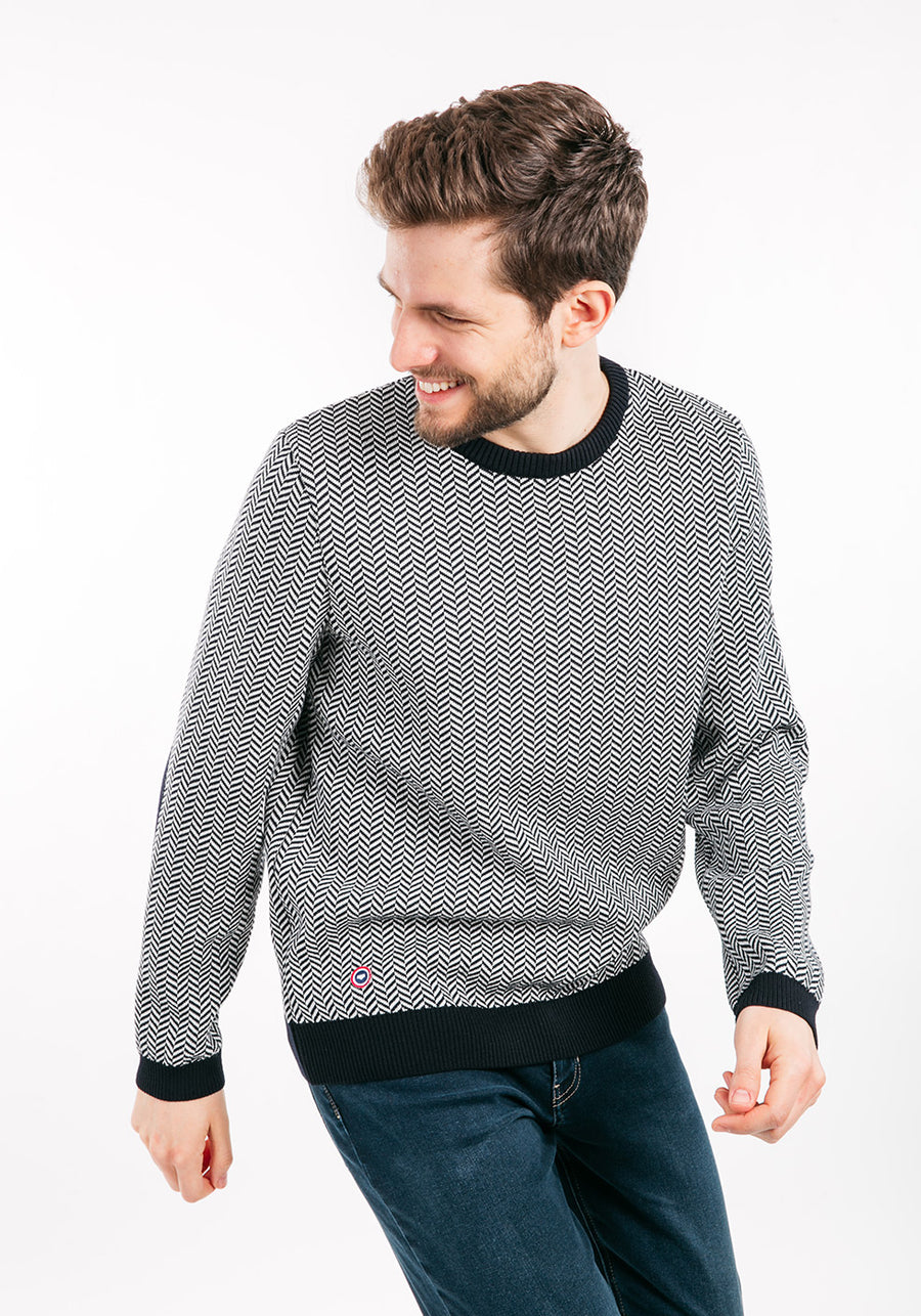 JUBILE - Herringbone Jacquard Sweater with Elbow Patches  (NAVY / IVORY)