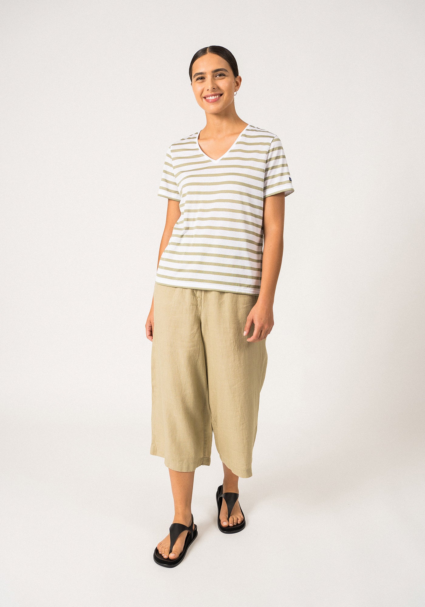 RAMATUELLE - V-Neck Breton Striped Top with Short Sleeves | Soft Cotton | Women Fit (WHITE / SOFT ALMOND)