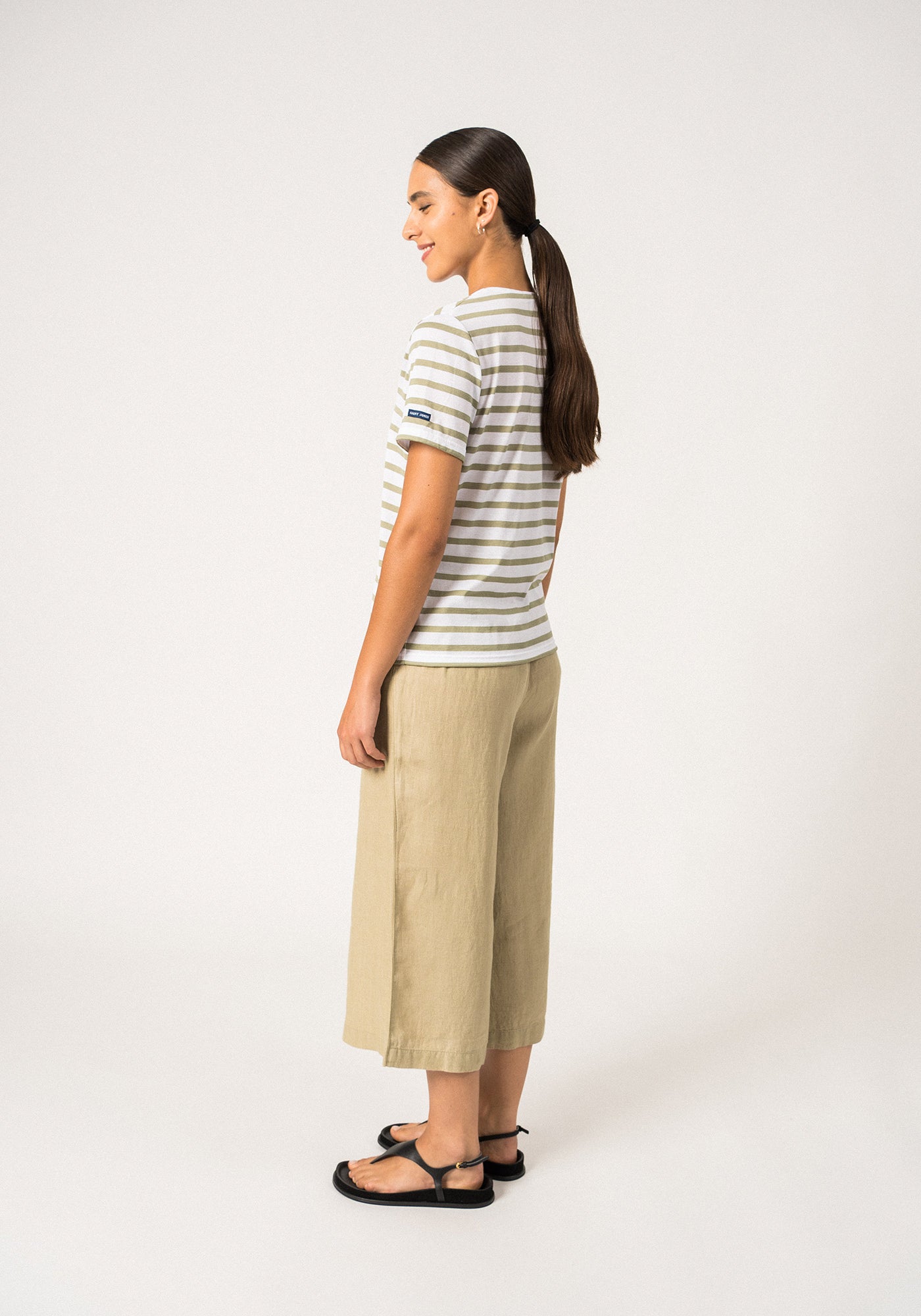 RAMATUELLE - V-Neck Breton Striped Top with Short Sleeves | Soft Cotton | Women Fit (WHITE / SOFT ALMOND)