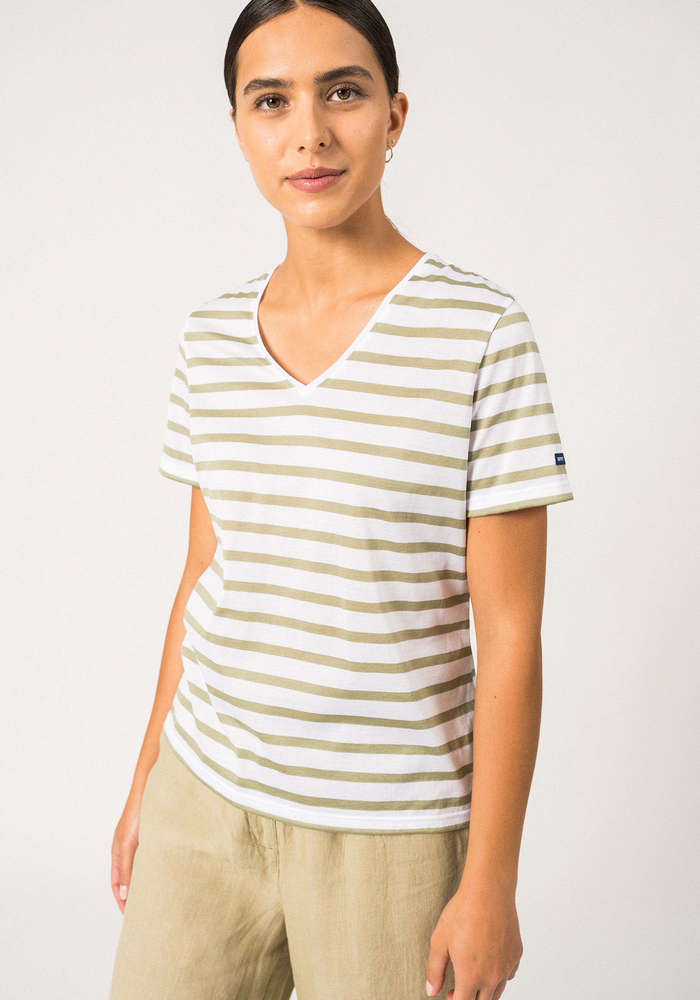 RAMATUELLE - V-Neck Breton Striped Top with Short Sleeves | Soft Cotton | Women Fit (WHITE / SOFT ALMOND)