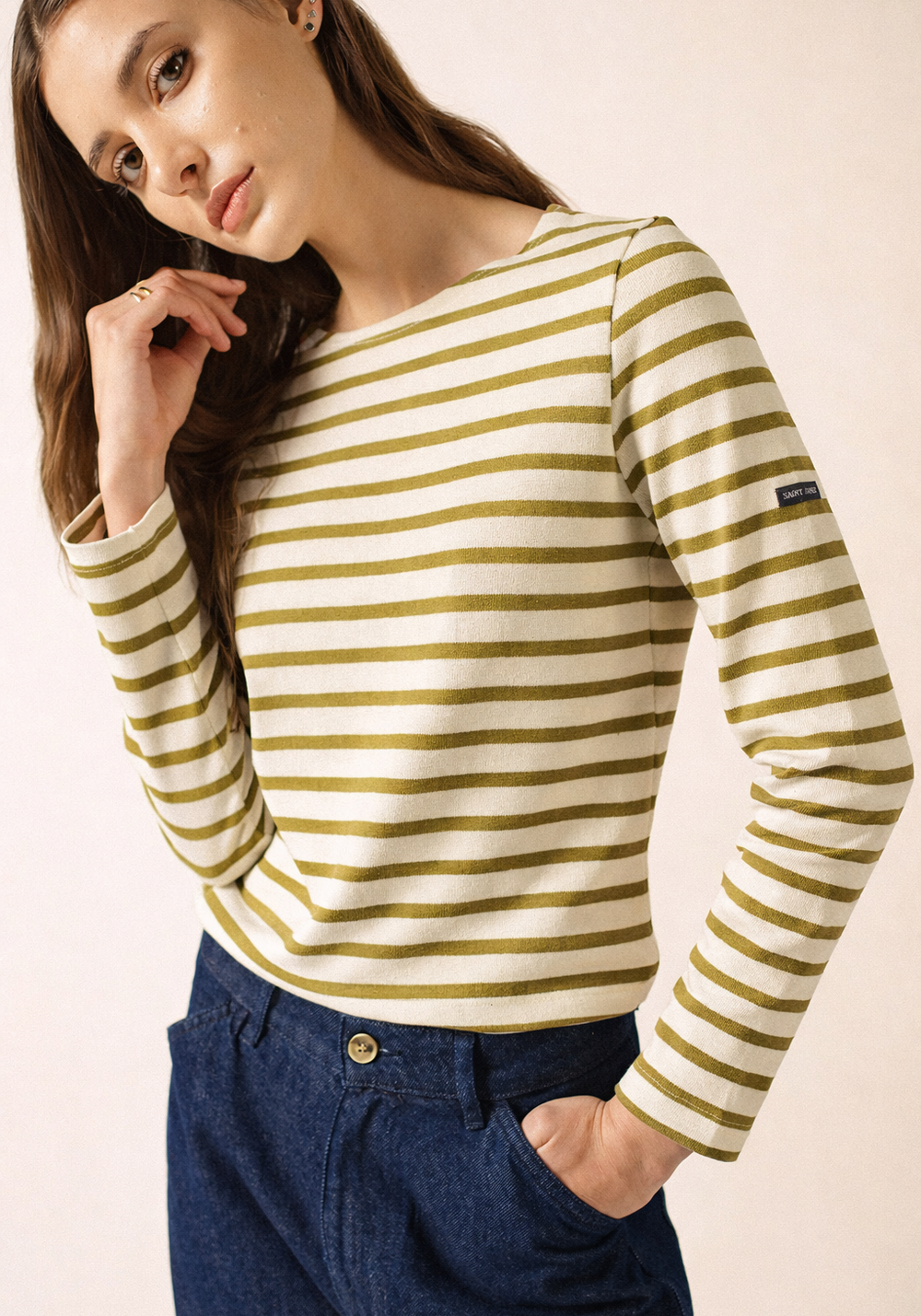 Meridame II Breton Shirt (WHITE / SAGE OLIVE)