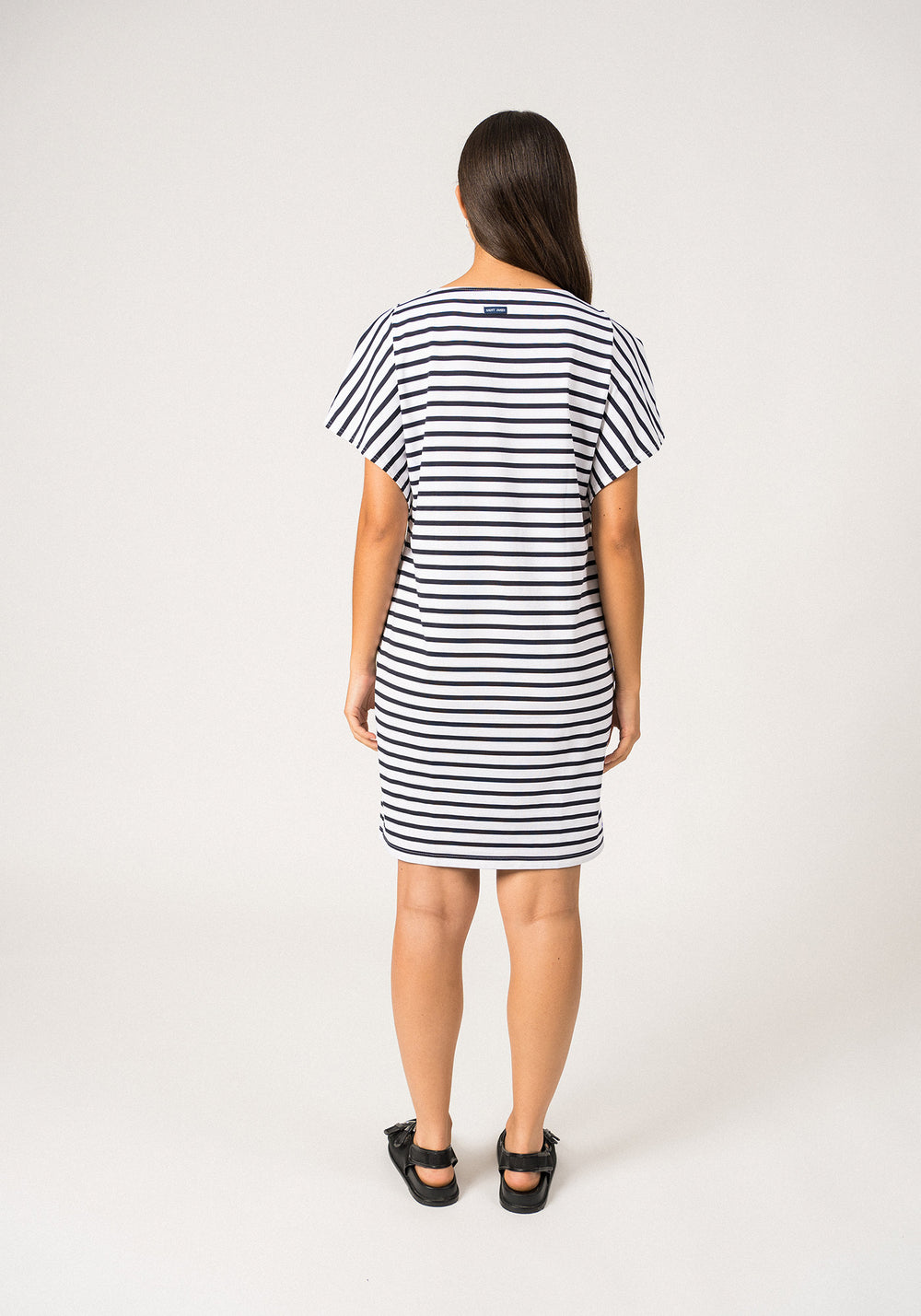 CASSIS - Nautical Stripe Dress with Batwing Sleeves | Anti-UV Stretch Lightweight Fabric  (WHITE / NAVY)