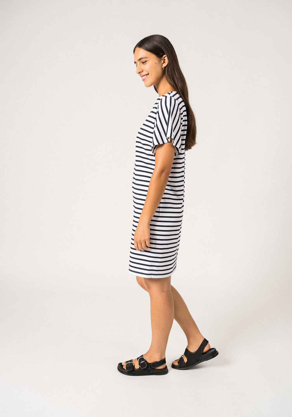 CASSIS - Nautical Stripe Dress with Batwing Sleeves | Anti-UV Stretch Lightweight Fabric  (WHITE / NAVY)