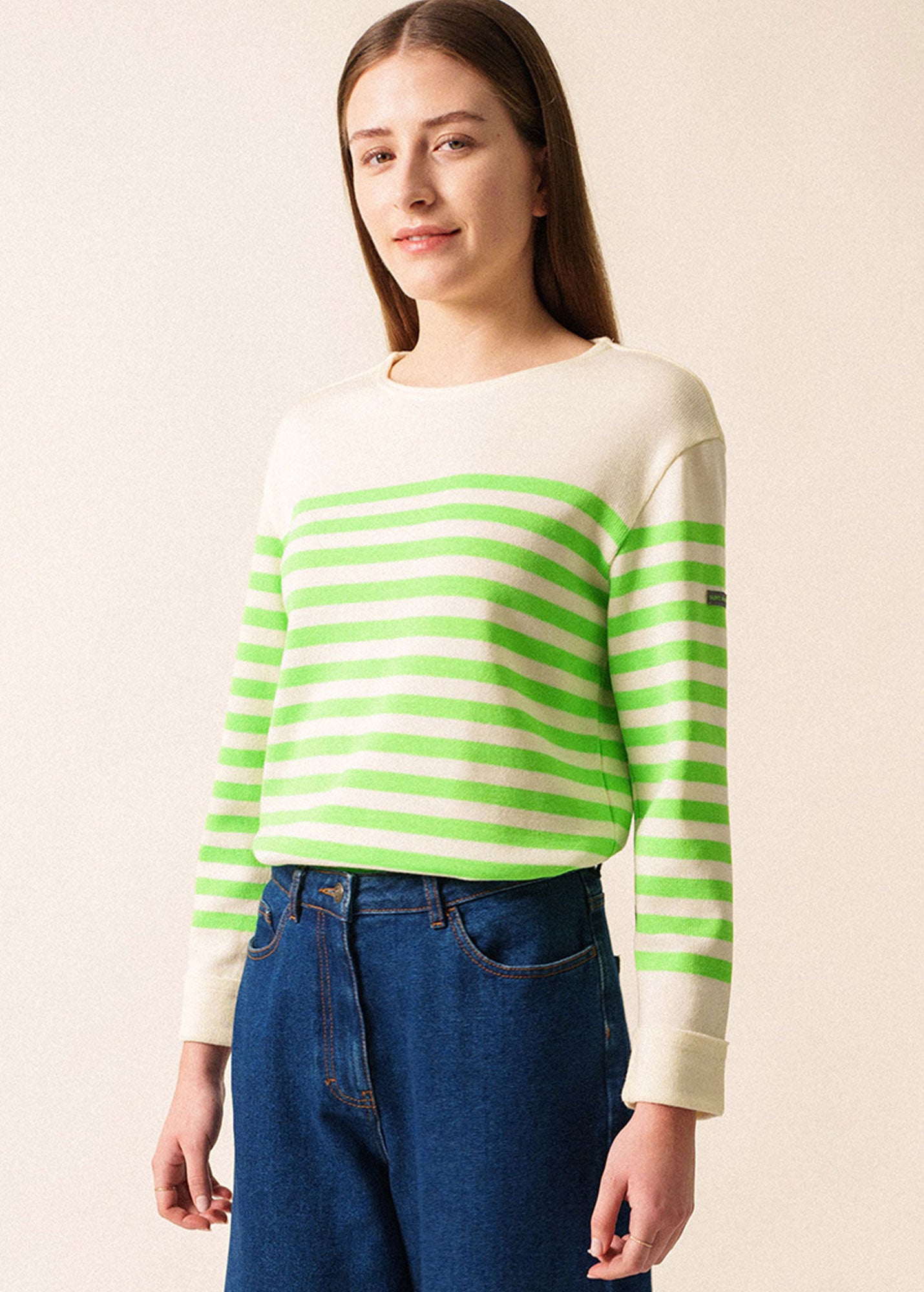 Ivory Wool Sweater with Green Neon Stripes | Saint James® • Saint
