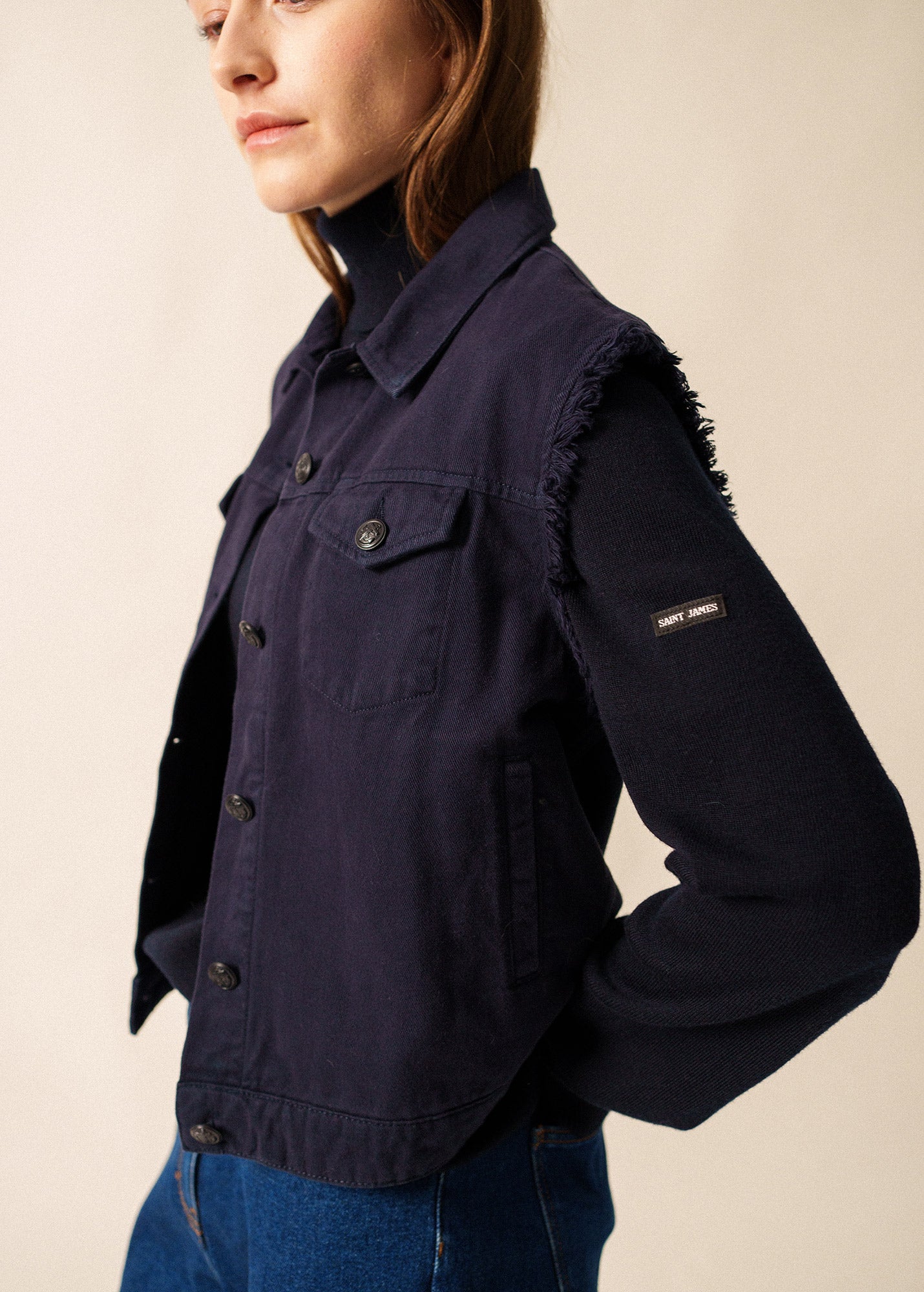 Women's Navy Fringed Denim Vest | Saint James® • Saint James USA