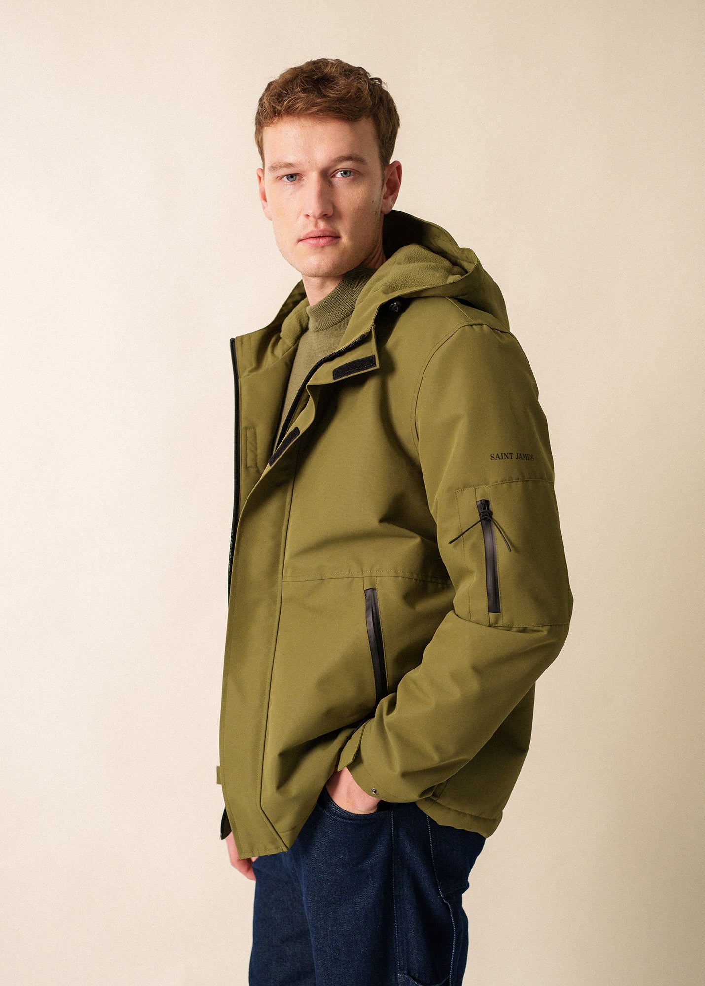 Fleece Lined Waterproof Jacket (Olive Green) | Saint James