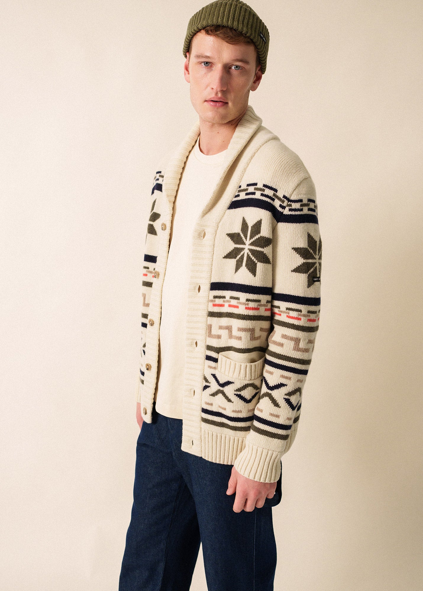 Men's Long Wool Cardigan | Shawl Collar | Western Motif | Saint