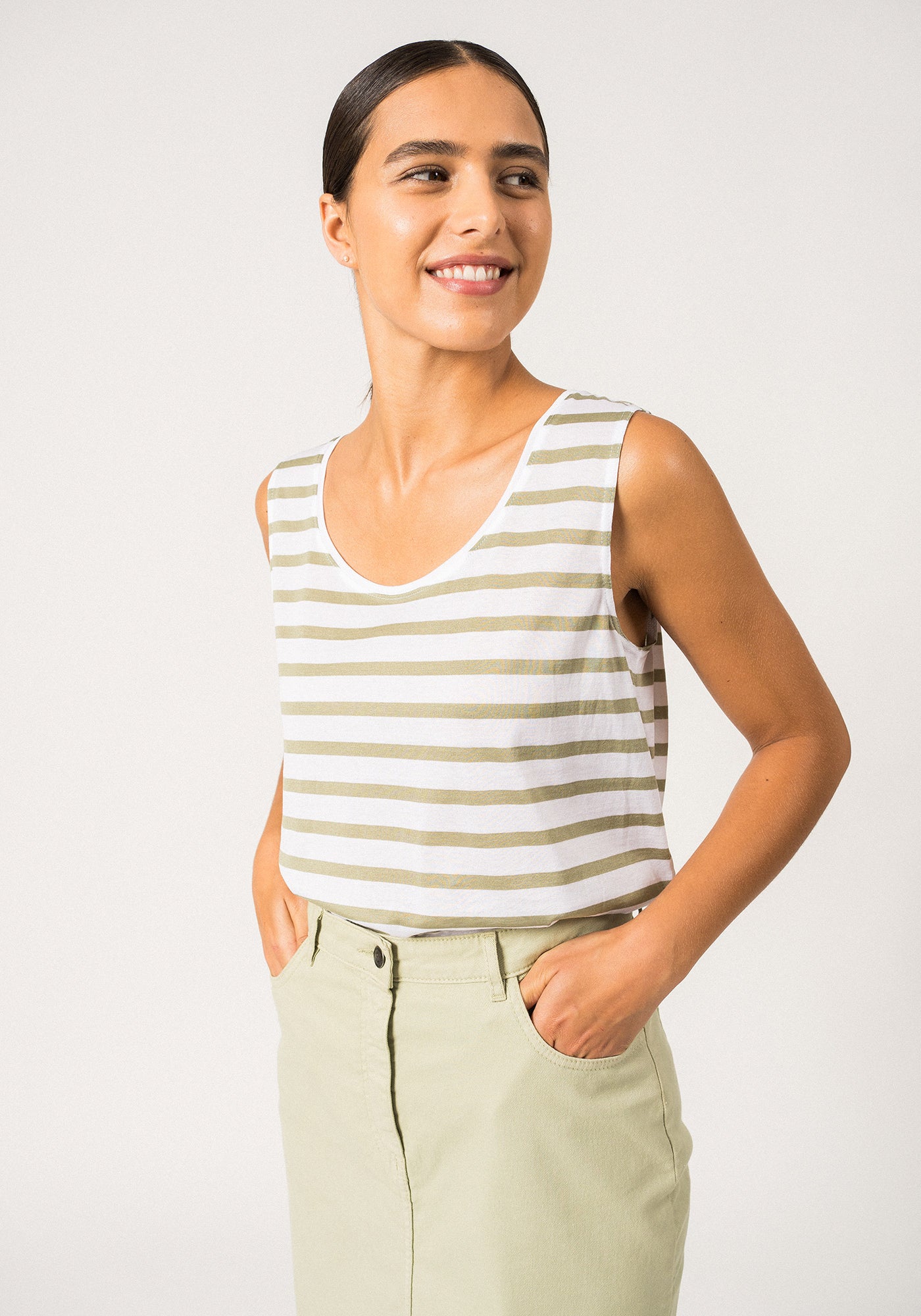 GASSIN - Striped Cotton Tank Top | Slim Fit (WHITE / SOFT ALMOND)