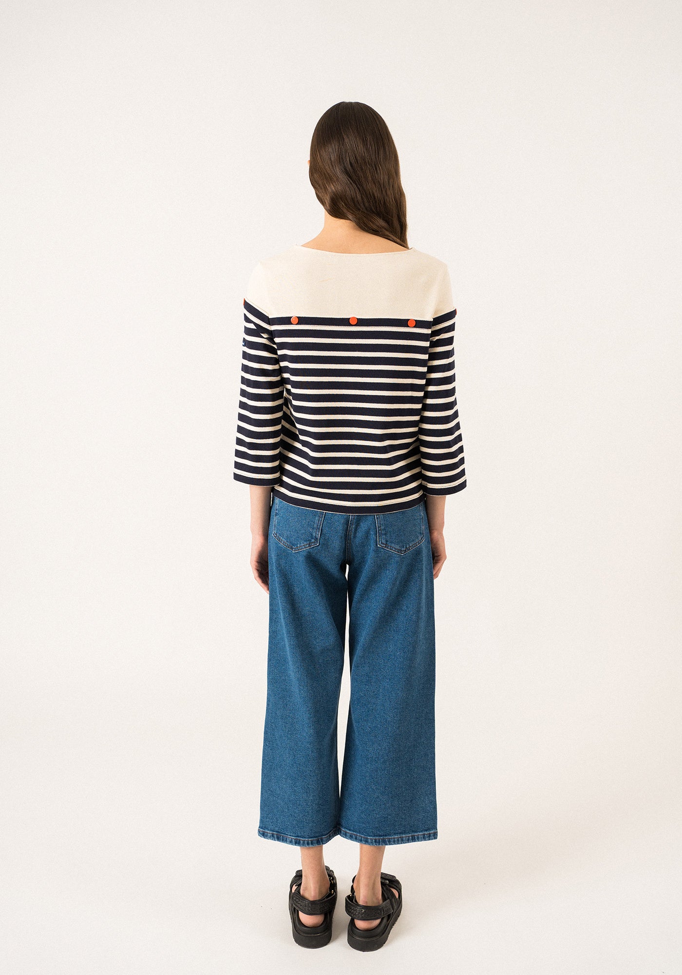 AMARRES - 3/4 Sleeve Breton Striped Shirt with Contrasting Yoke and Decorative Buttons by Isabelle Ballu