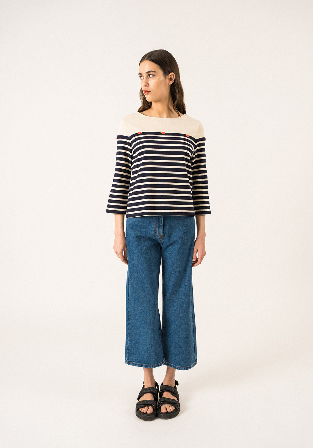 AMARRES - 3/4 Sleeve Breton Striped Shirt with Contrasting Yoke and Decorative Buttons by Isabelle Ballu