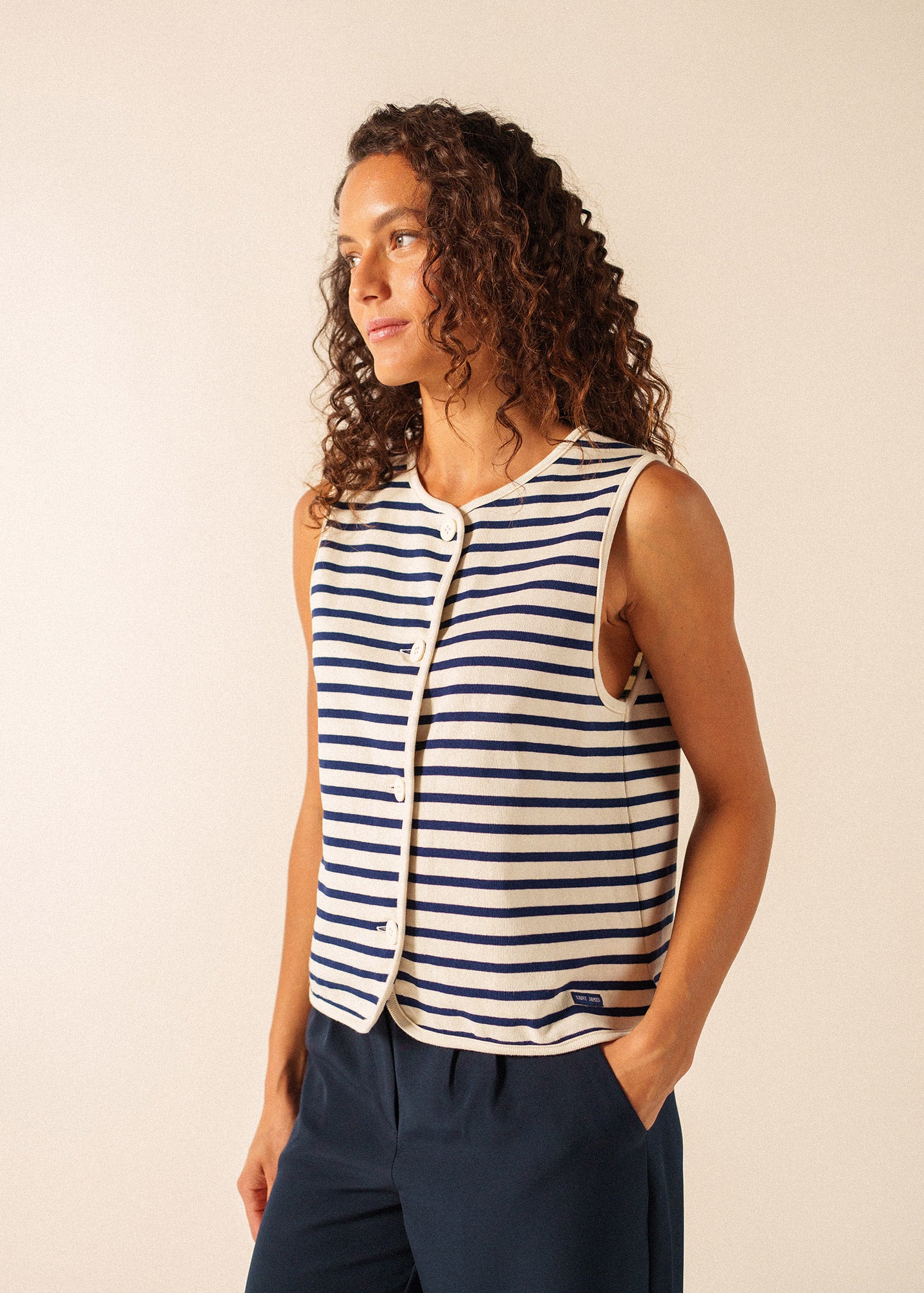 GOUVILLE Breton Stripe Sleeveless Vest (ECRU / NAVY) • Saint James USA