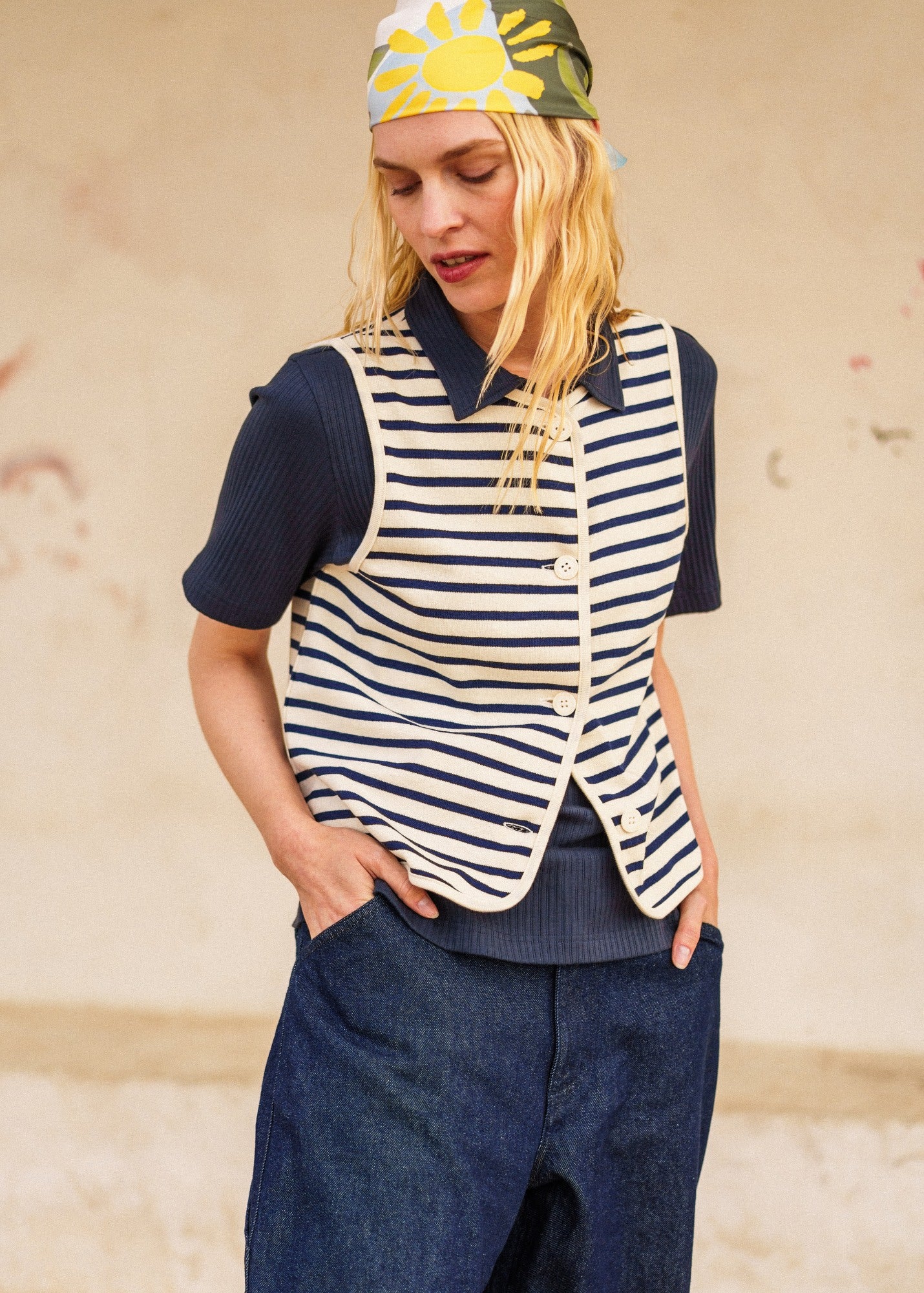 GOUVILLE Breton Stripe Sleeveless Vest (ECRU / NAVY) • Saint James USA