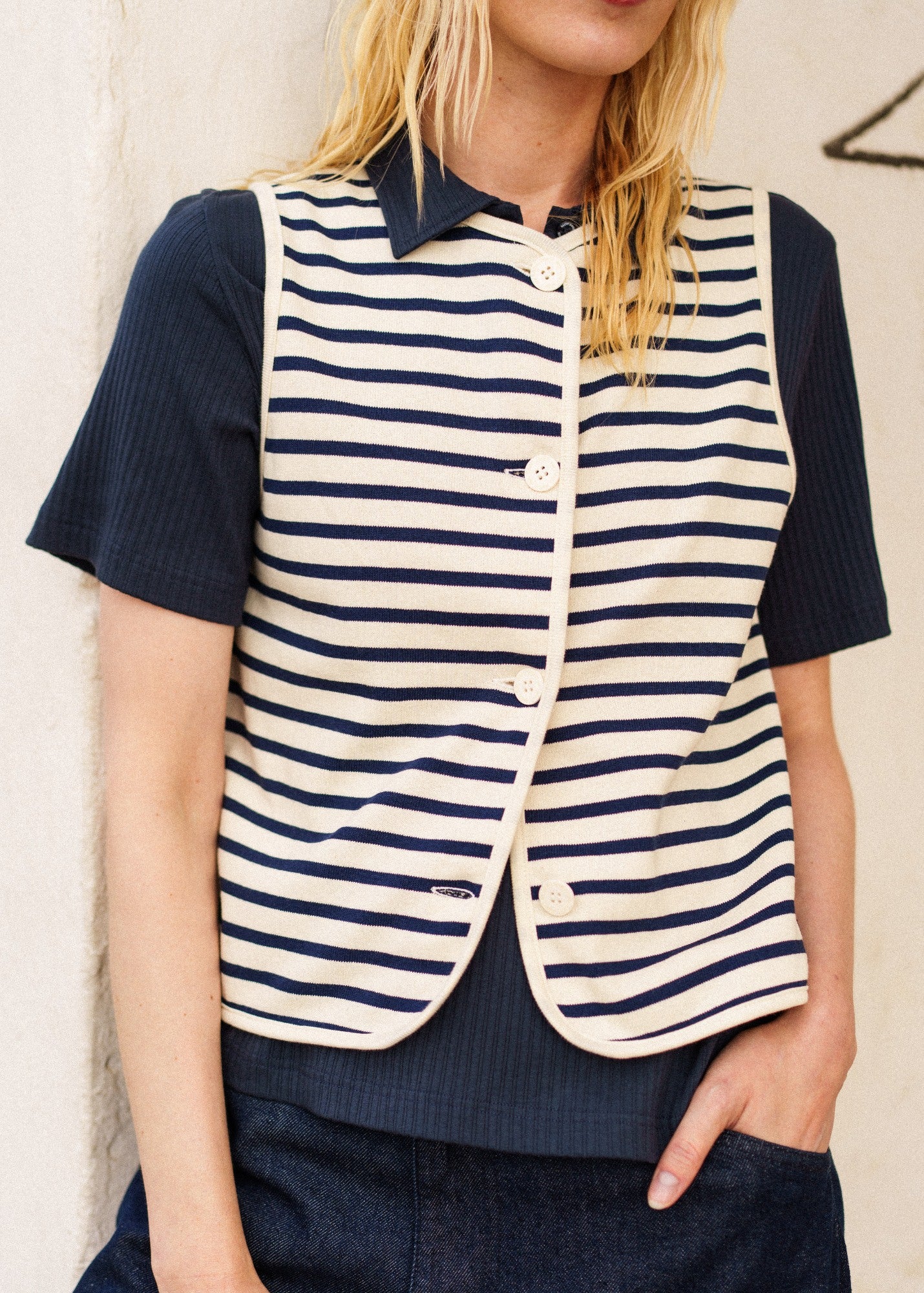 GOUVILLE Breton Stripe Sleeveless Vest (ECRU / NAVY) • Saint James USA